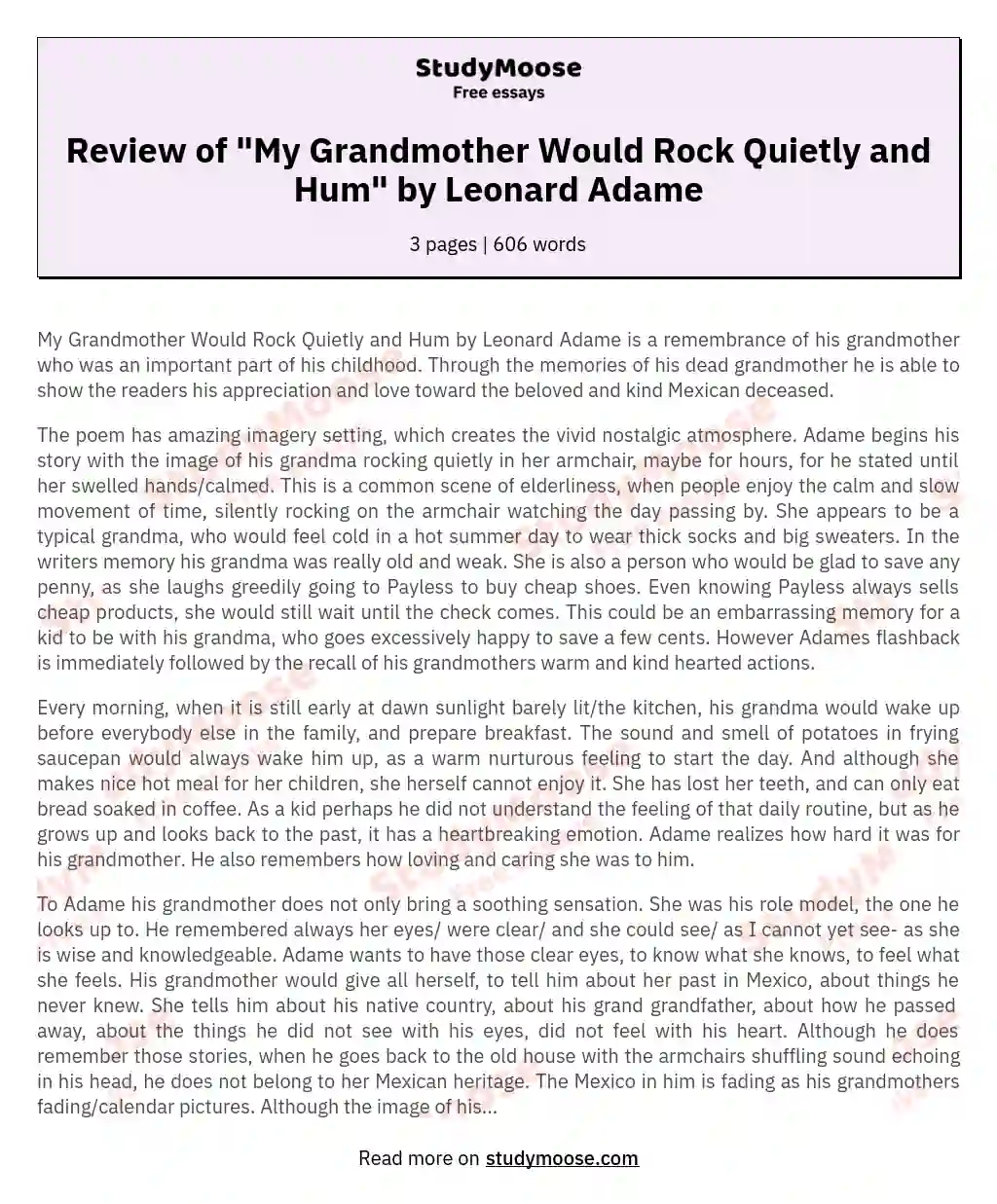 Review of "My Grandmother Would Rock Quietly and Hum" by Leonard Adame essay