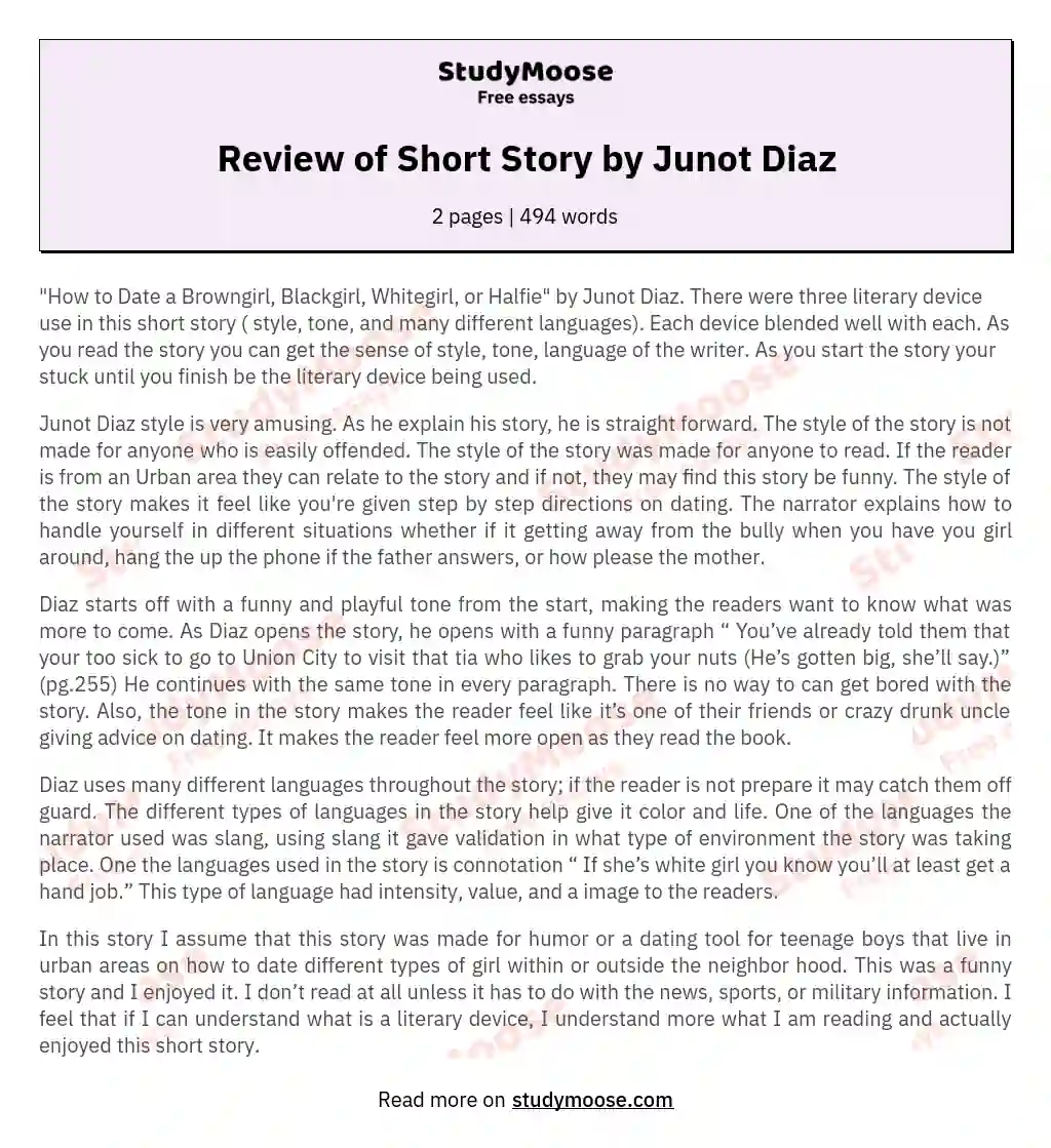 Review of Short Story by Junot Diaz Free Essay Example