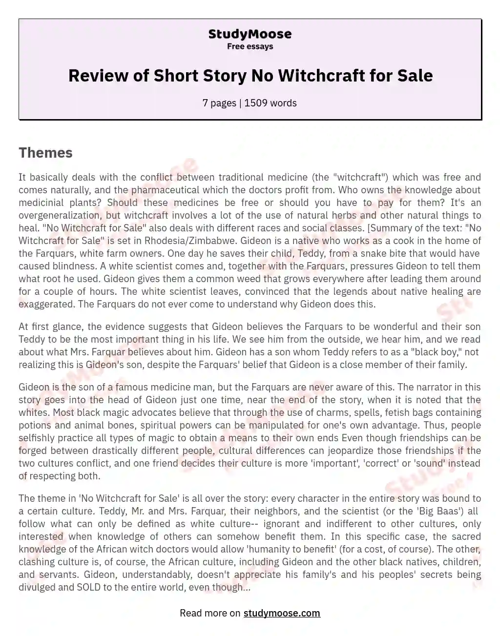 Review of Short Story No Witchcraft for Sale