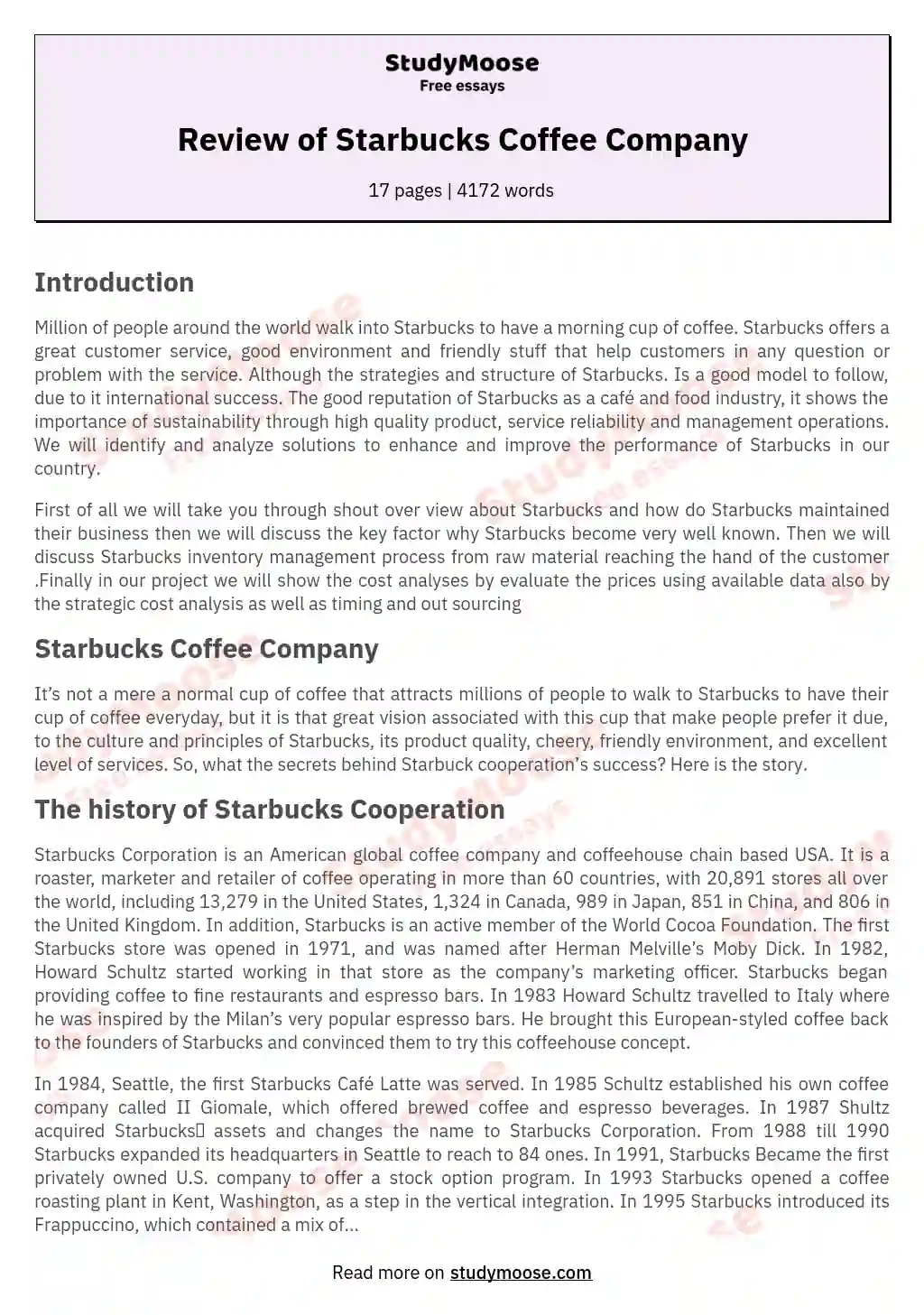 Review of Starbucks Coffee Company