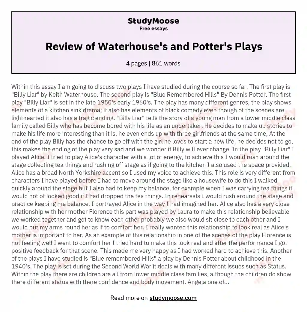 Review of Waterhouse's and Potter's Plays essay