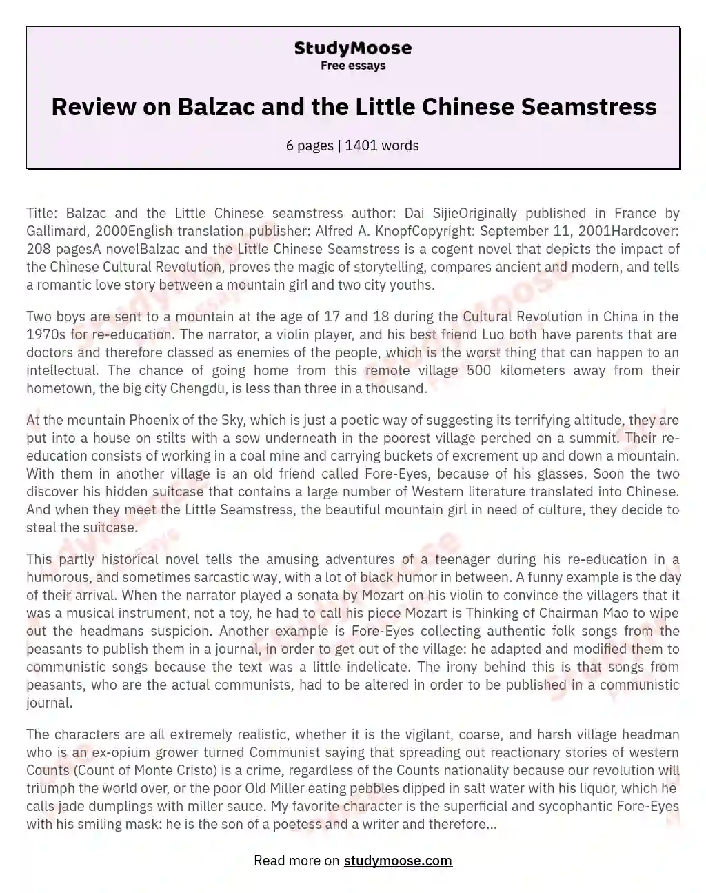 Balzac and the Little Chinese Seamstress: A Tale of Love, Literature, and Revolution essay