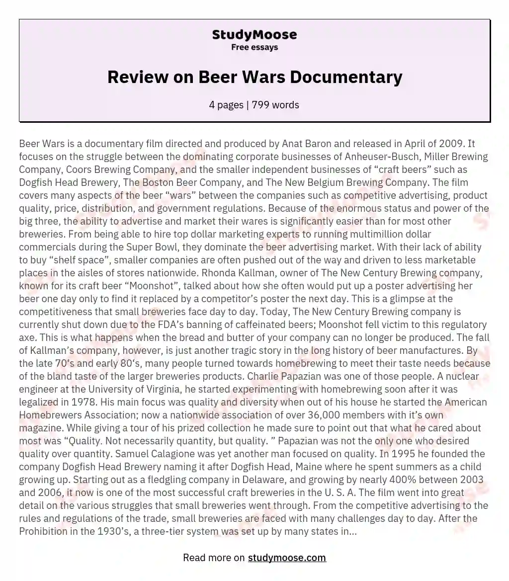 Review on Beer Wars Documentary essay