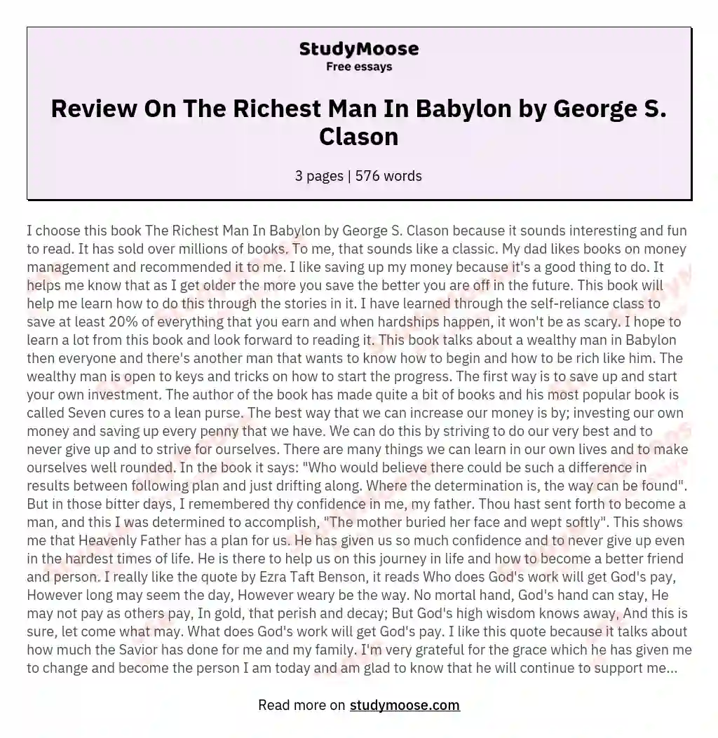 Review On The Richest Man In Babylon by George S. Clason essay