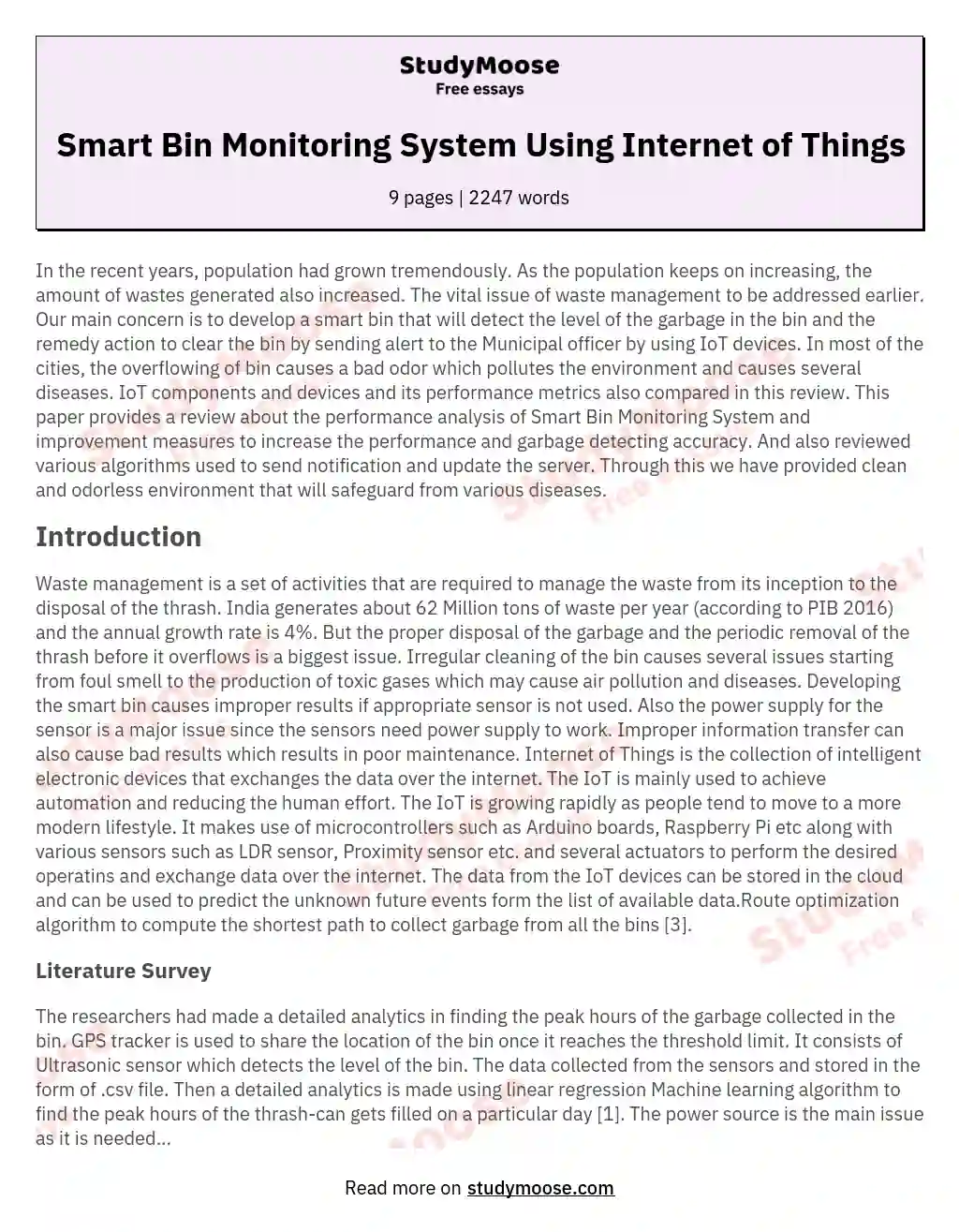 Smart Bin Monitoring System Using Internet of Things essay