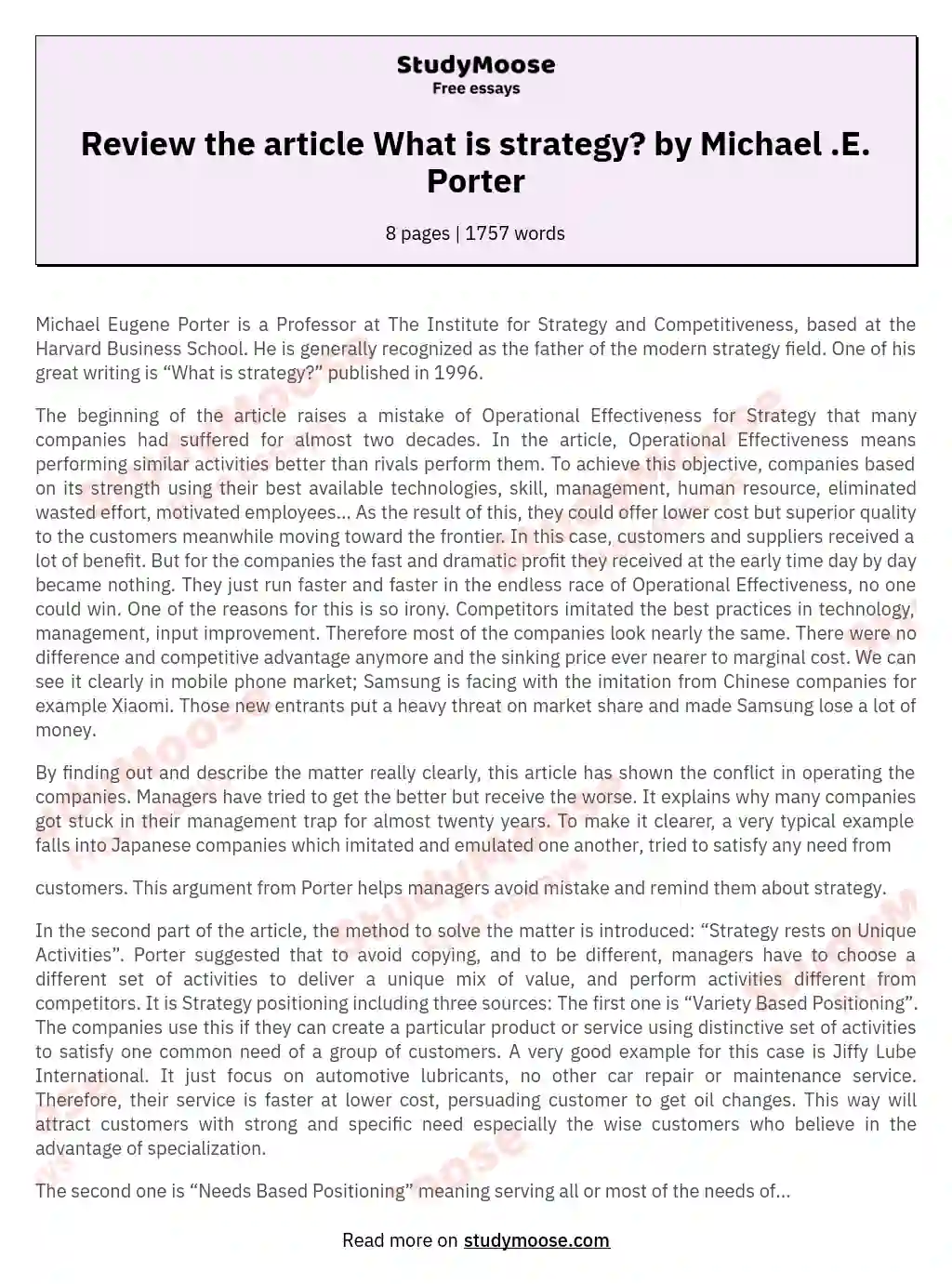 Review the article What is strategy? by Michael .E. Porter essay