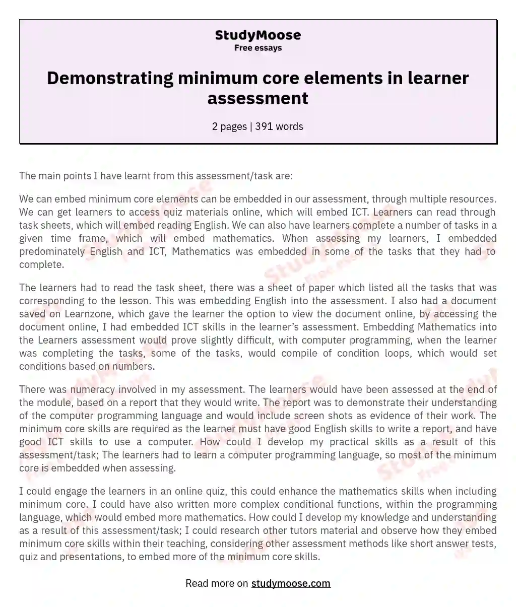 Demonstrating minimum core elements in learner assessment essay