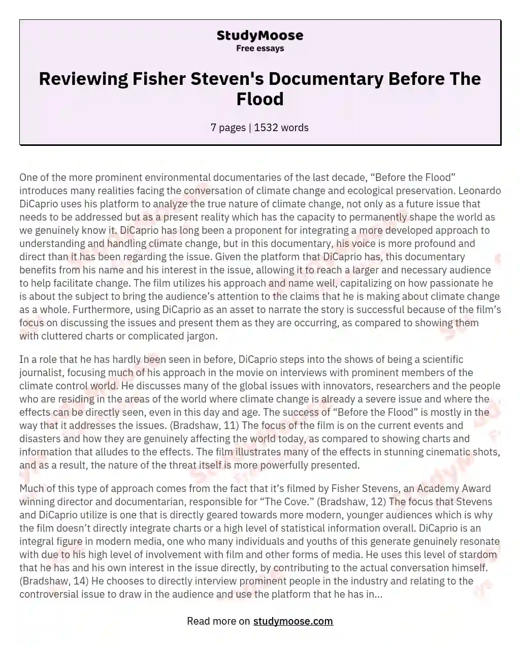 Reviewing Fisher Steven's Documentary Before The Flood essay