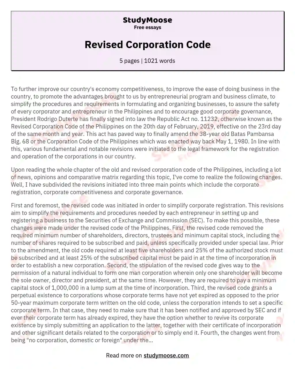 Revised Corporation Code essay