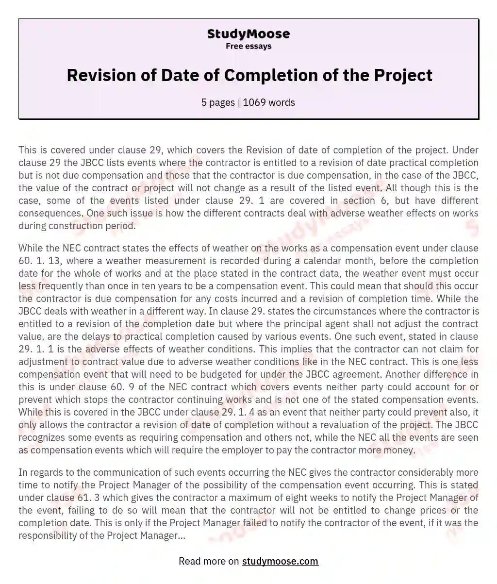 Revision of Date of Completion of the Project