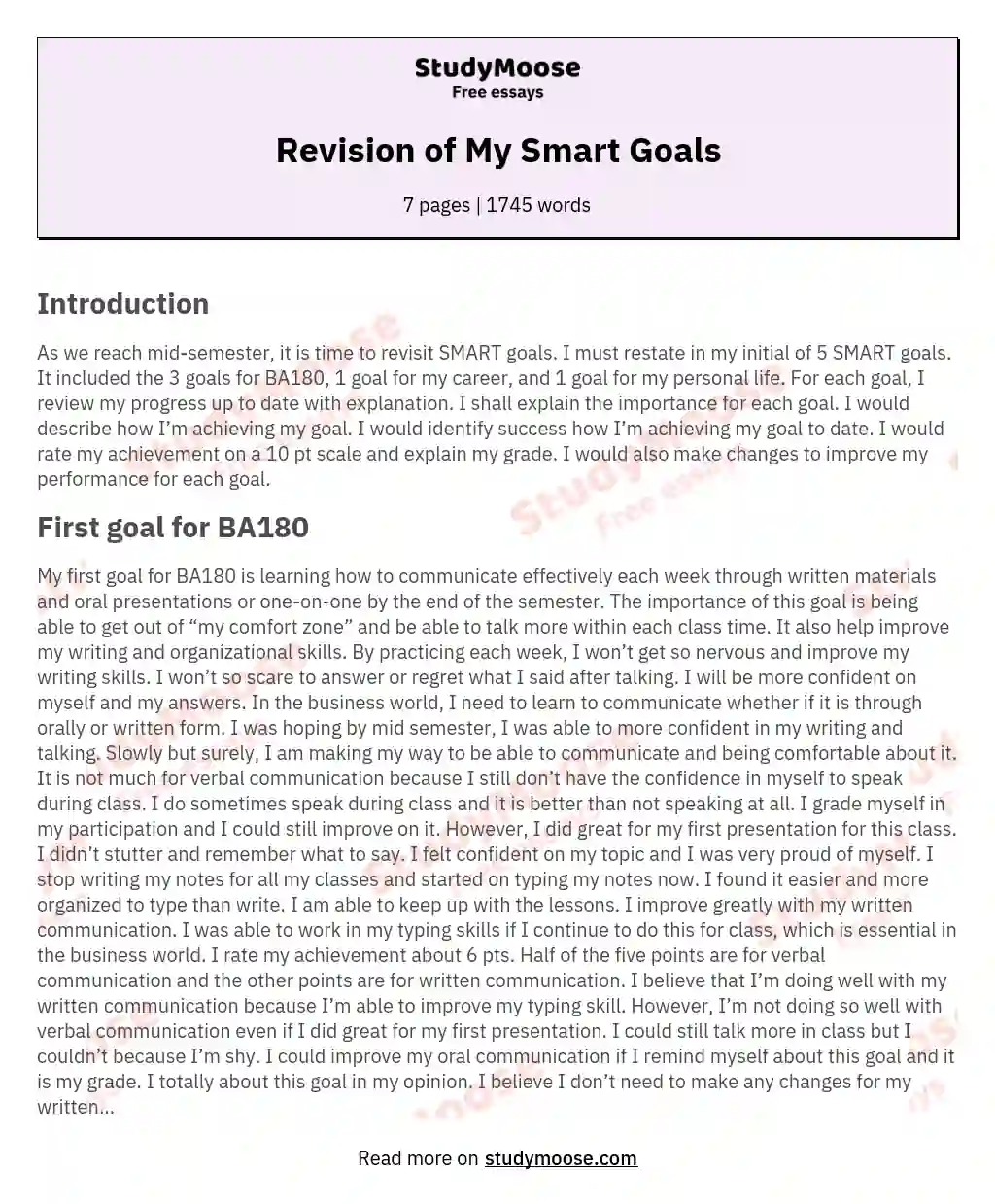 Revision of My Smart Goals essay