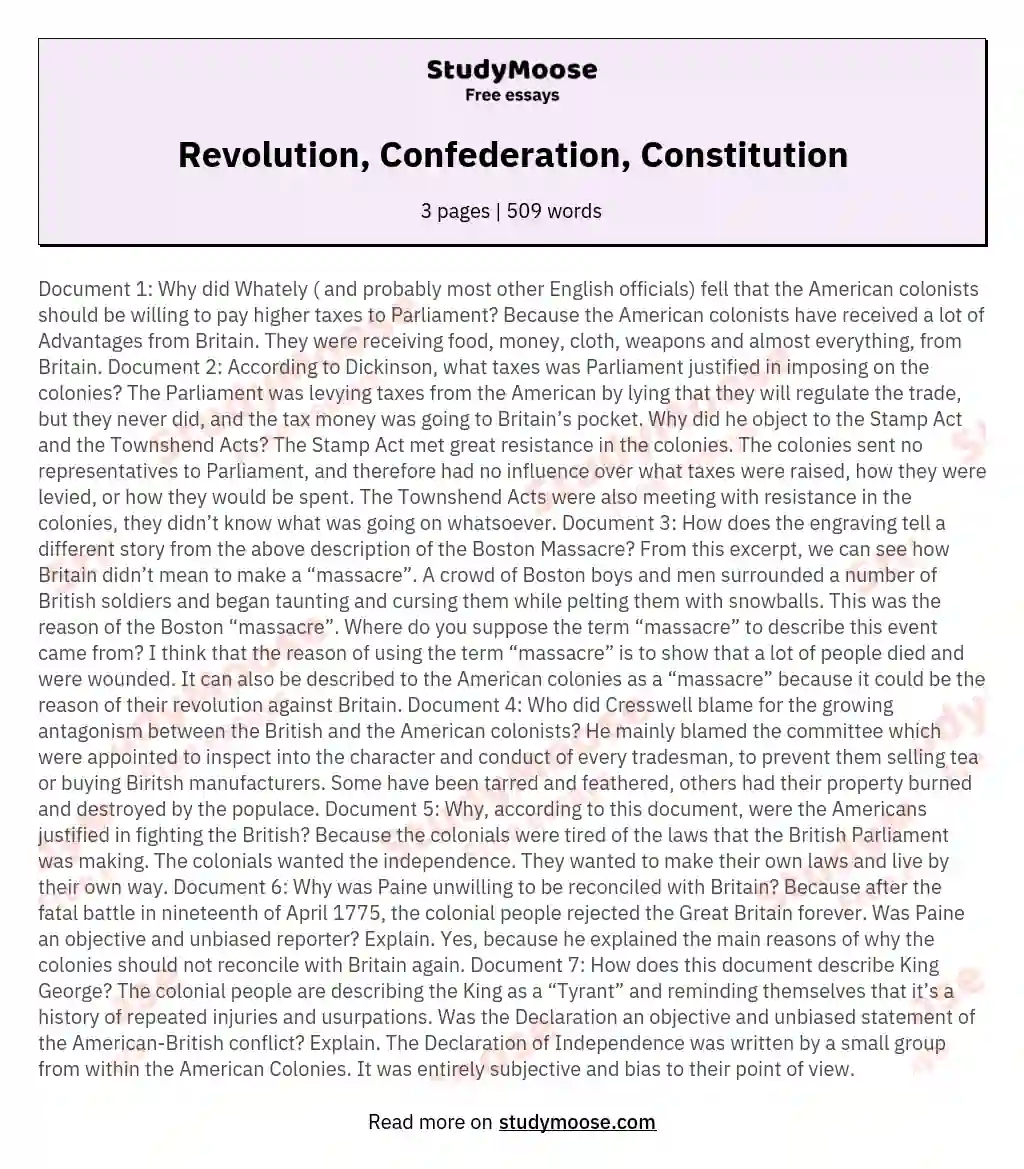 Revolution, Confederation, Constitution essay