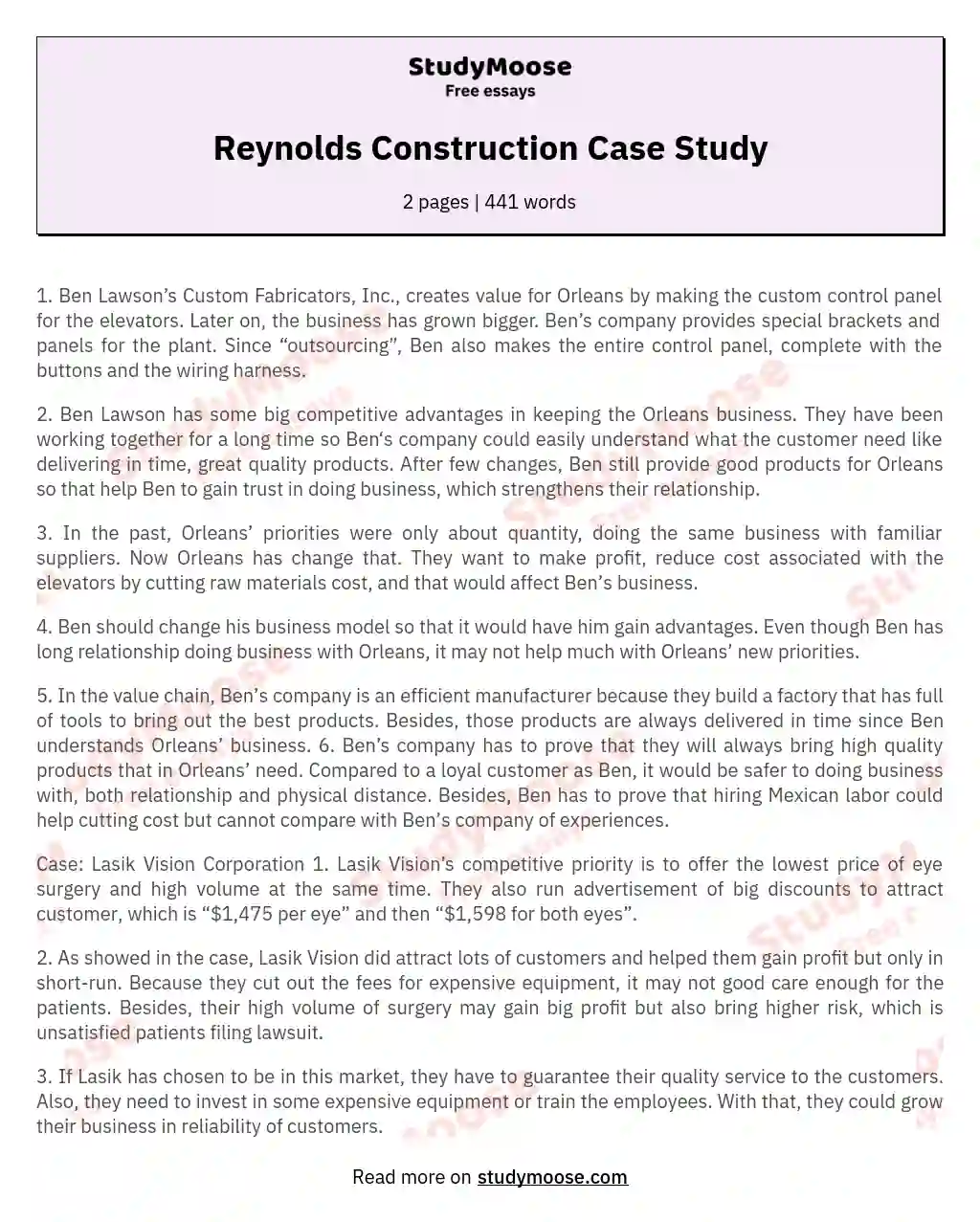 Reynolds Construction Case Study essay
