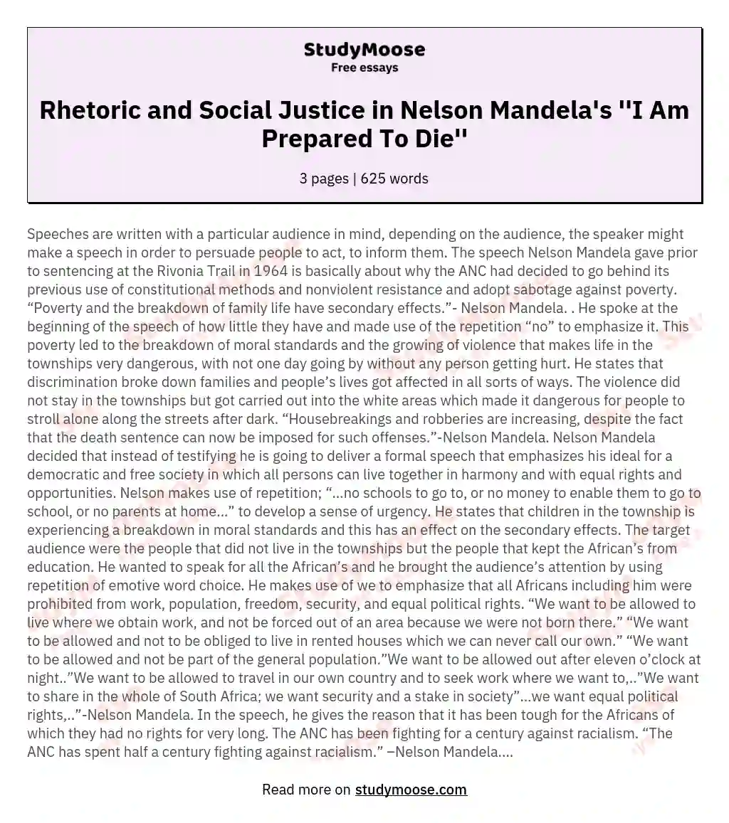 Rhetoric and Social Justice in Nelson Mandela's ''I Am Prepared To Die'' essay