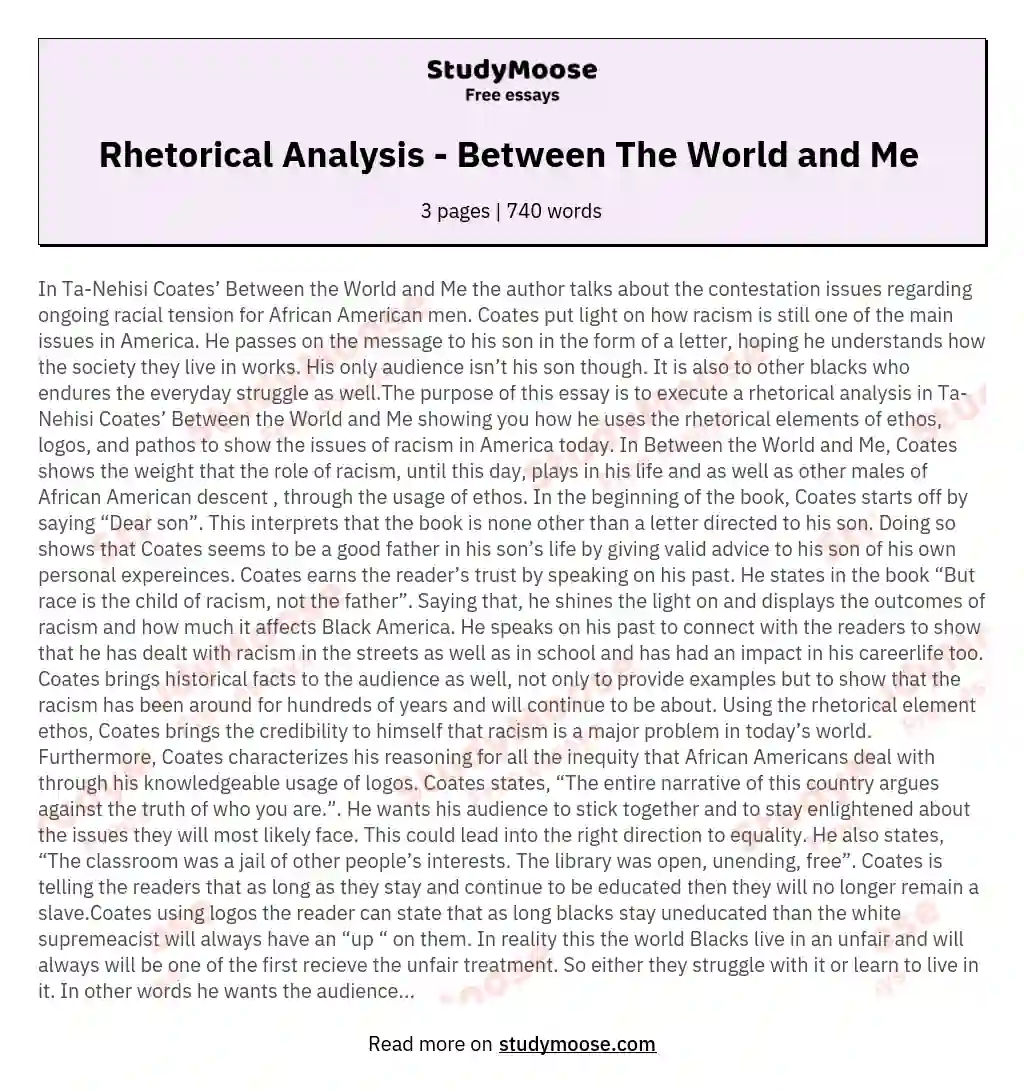 Rhetorical Analysis - Between The World and Me  essay