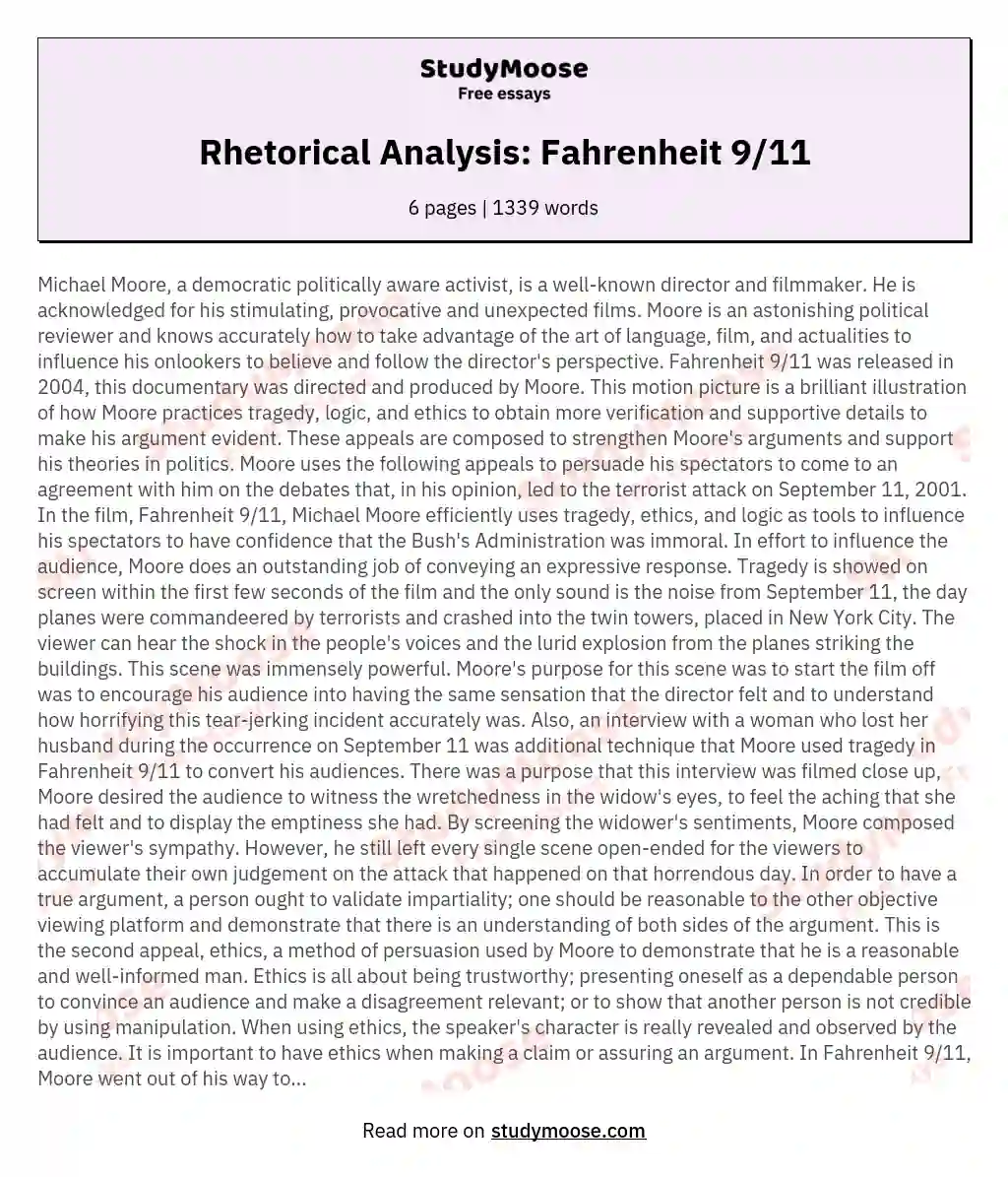 Rhetorical Analysis: Fahrenheit 9/11 essay