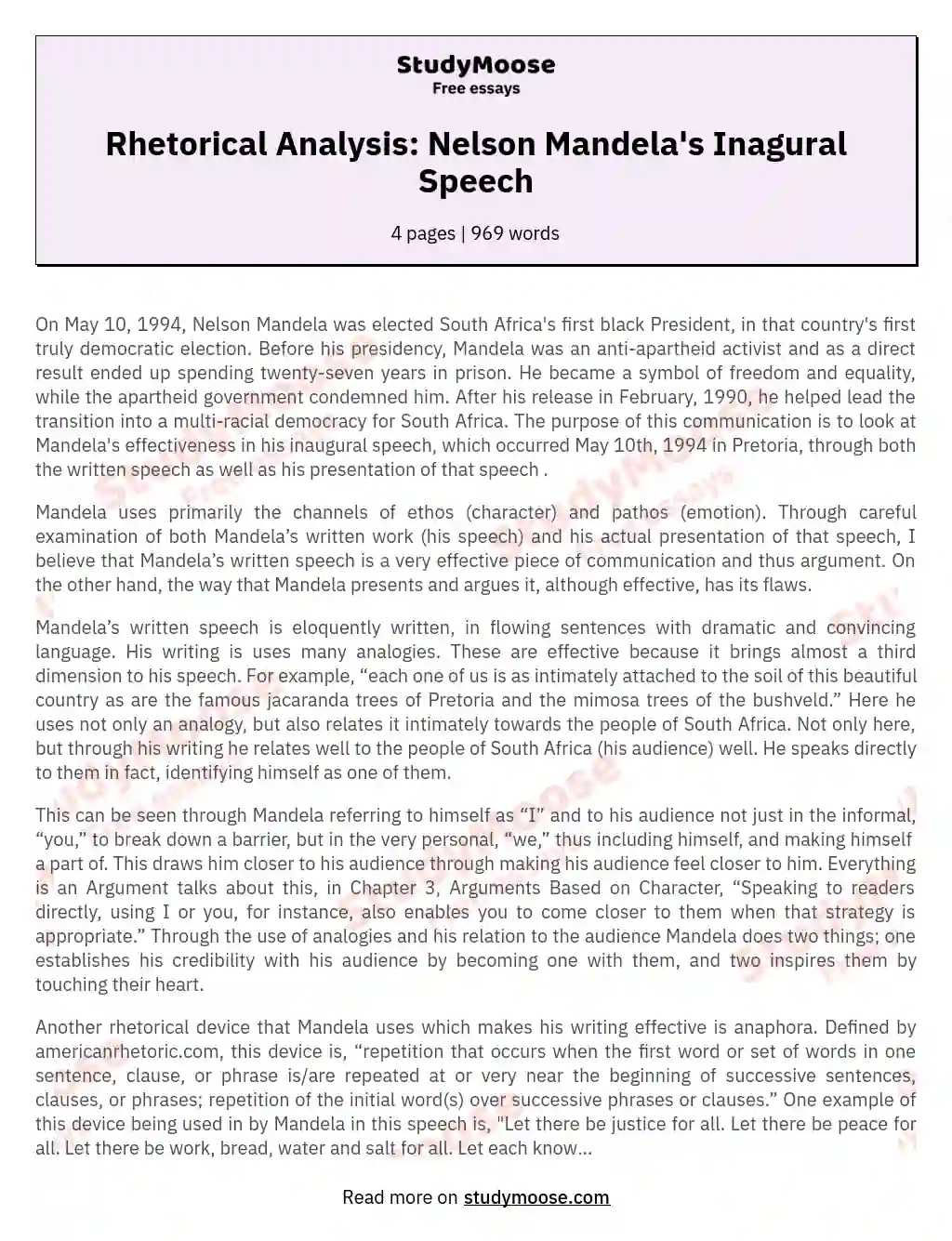 Rhetorical Analysis: Nelson Mandela's Inagural Speech essay
