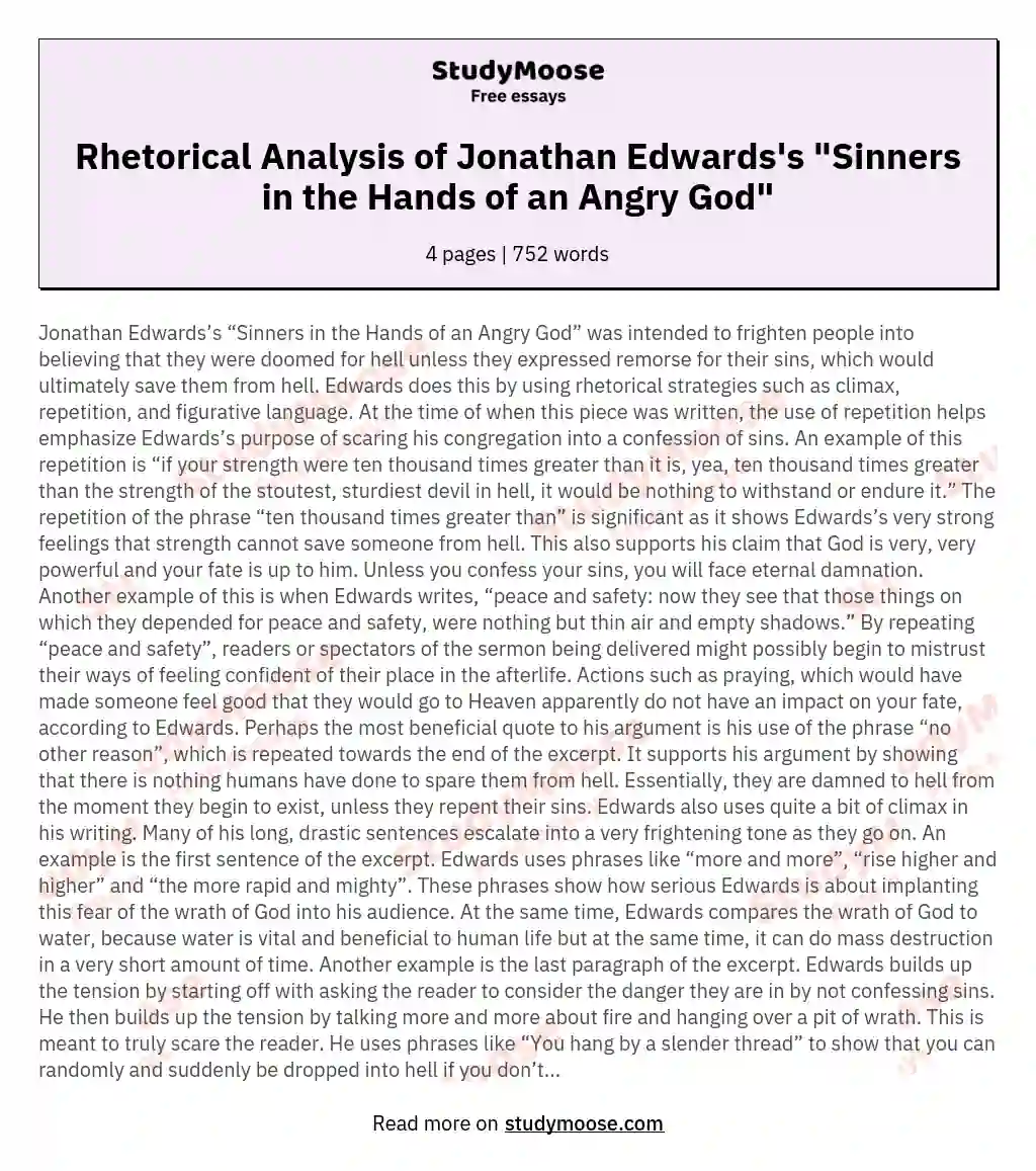 Rhetorical Analysis of Jonathan Edwards's "Sinners in the Hands of an Angry God"