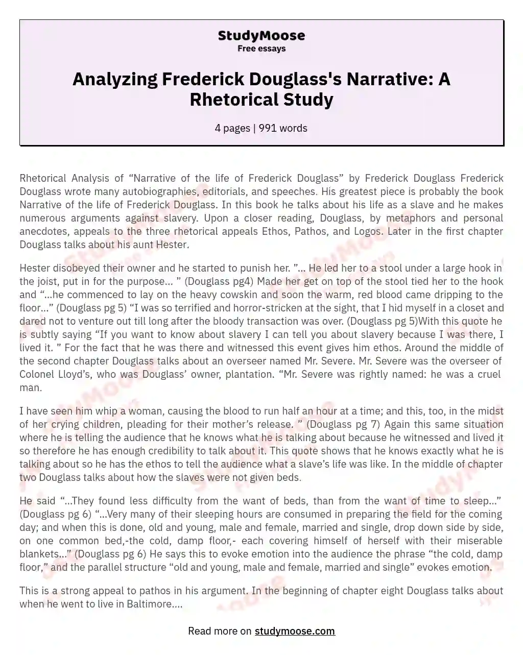 Analyzing Frederick Douglass's Narrative: A Rhetorical Study essay