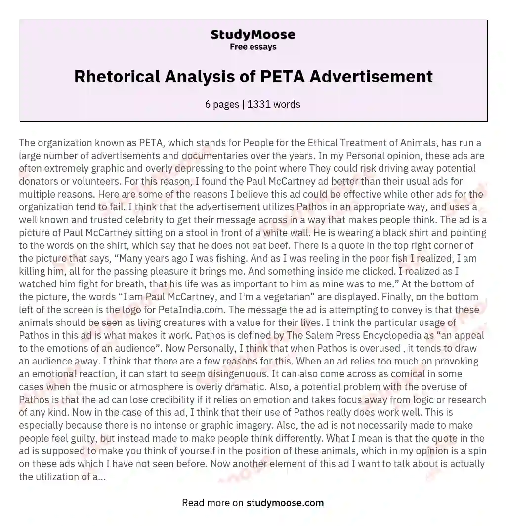 Rhetorical Analysis of PETA Advertisement essay