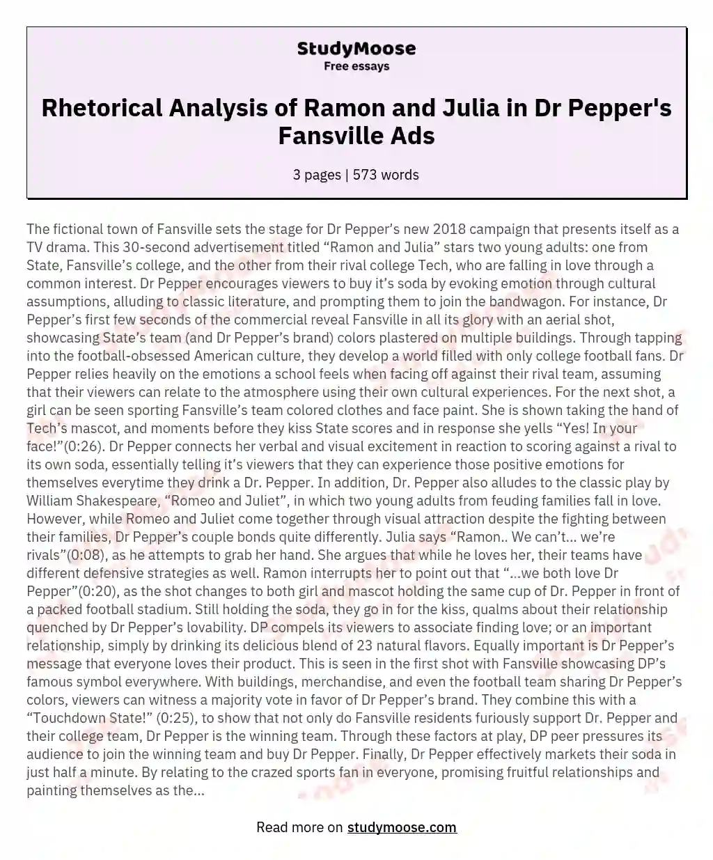 Rhetorical Analysis of Ramon and Julia in Dr Pepper's Fansville Ads essay