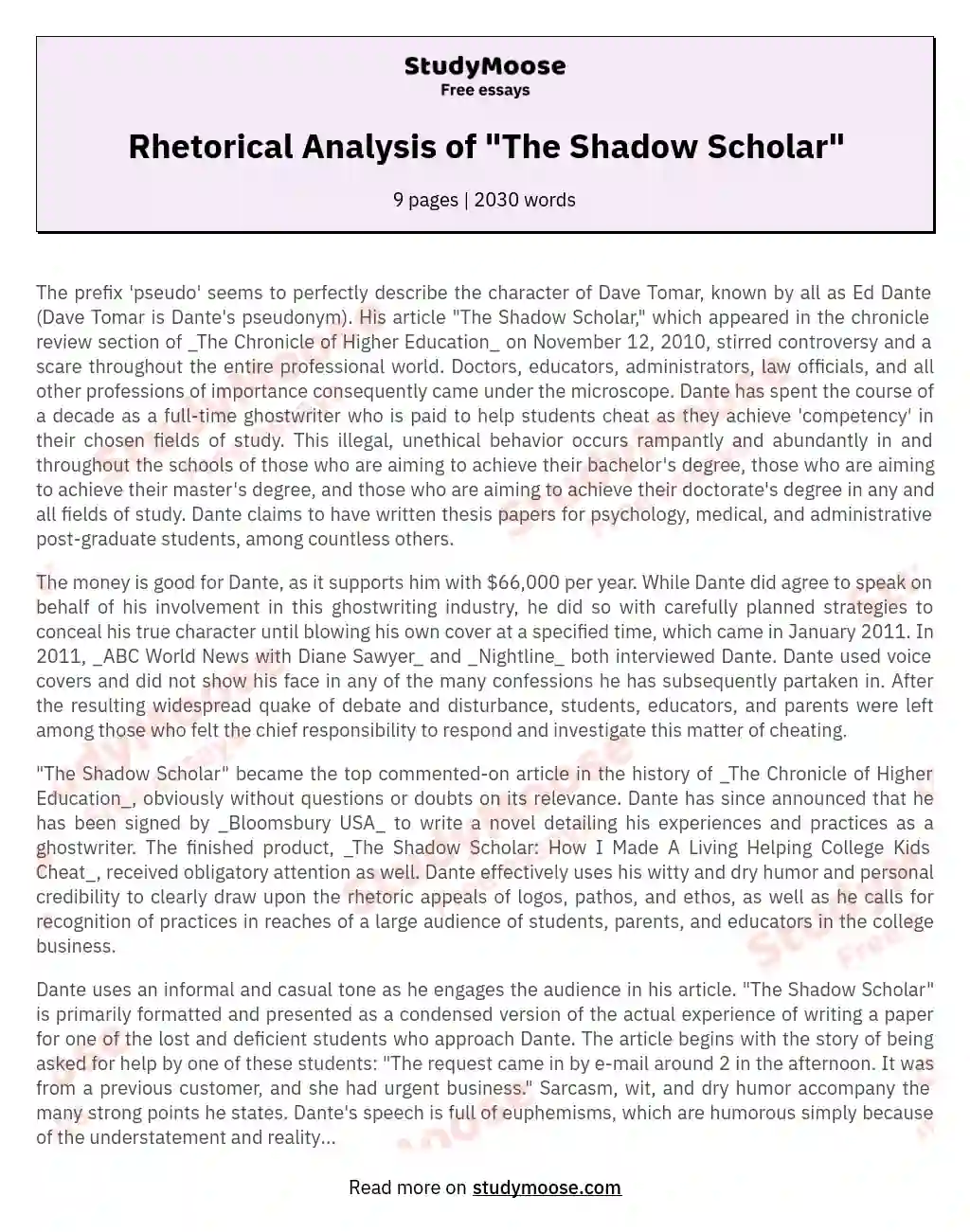 Rhetorical Analysis of "The Shadow Scholar"