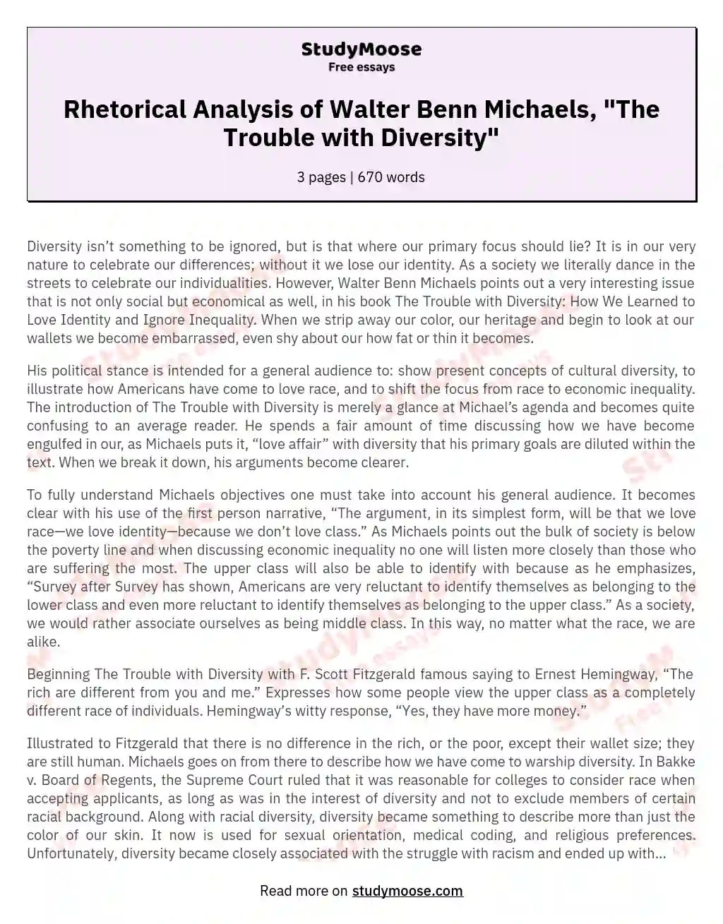 Rhetorical Analysis of Walter Benn Michaels, "The Trouble with Diversity"