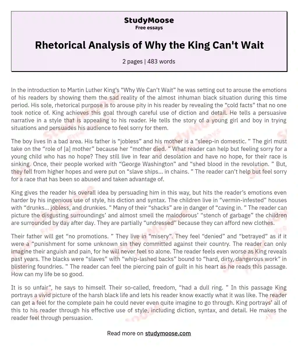 Rhetorical Analysis of Why the King Can't Wait essay