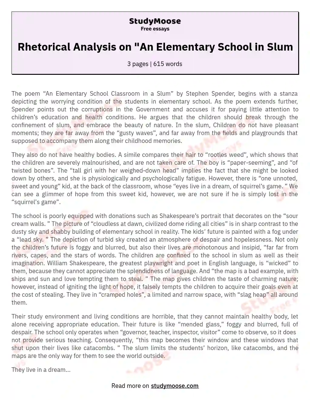 Rhetorical Analysis on "An Elementary School in Slum essay