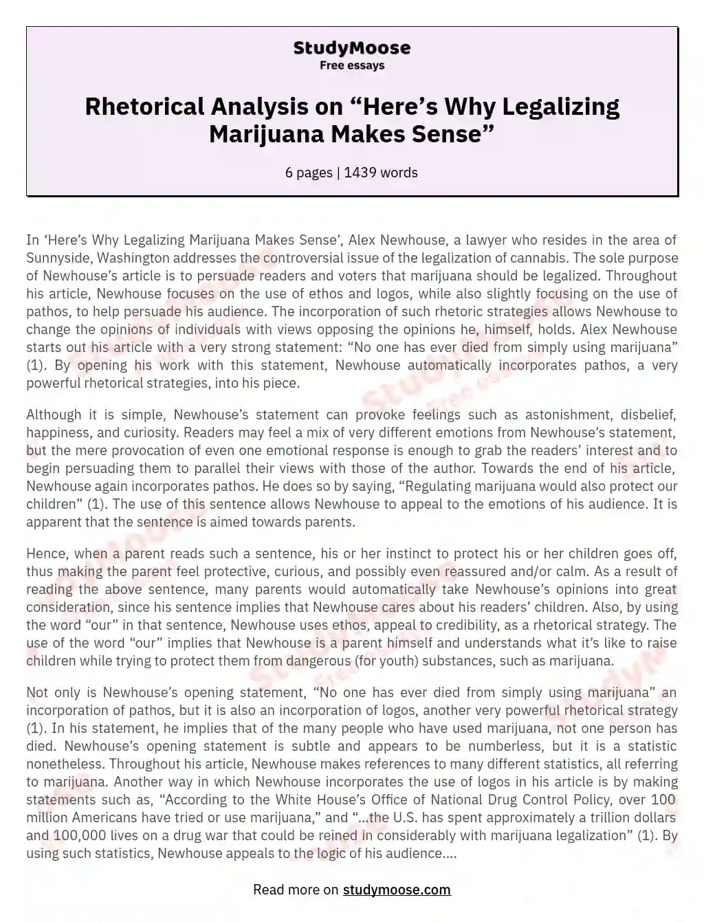 Rhetorical Analysis on “Here’s Why Legalizing Marijuana Makes Sense” essay