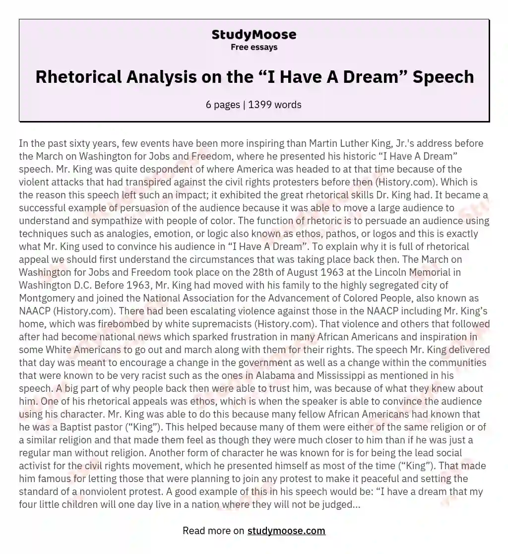 Rhetorical Analysis on the “I Have A Dream” Speech essay