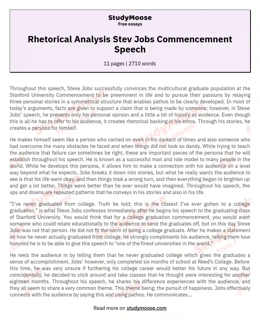 Rhetorical Analysis Stev Jobs Commencemnent Speech essay