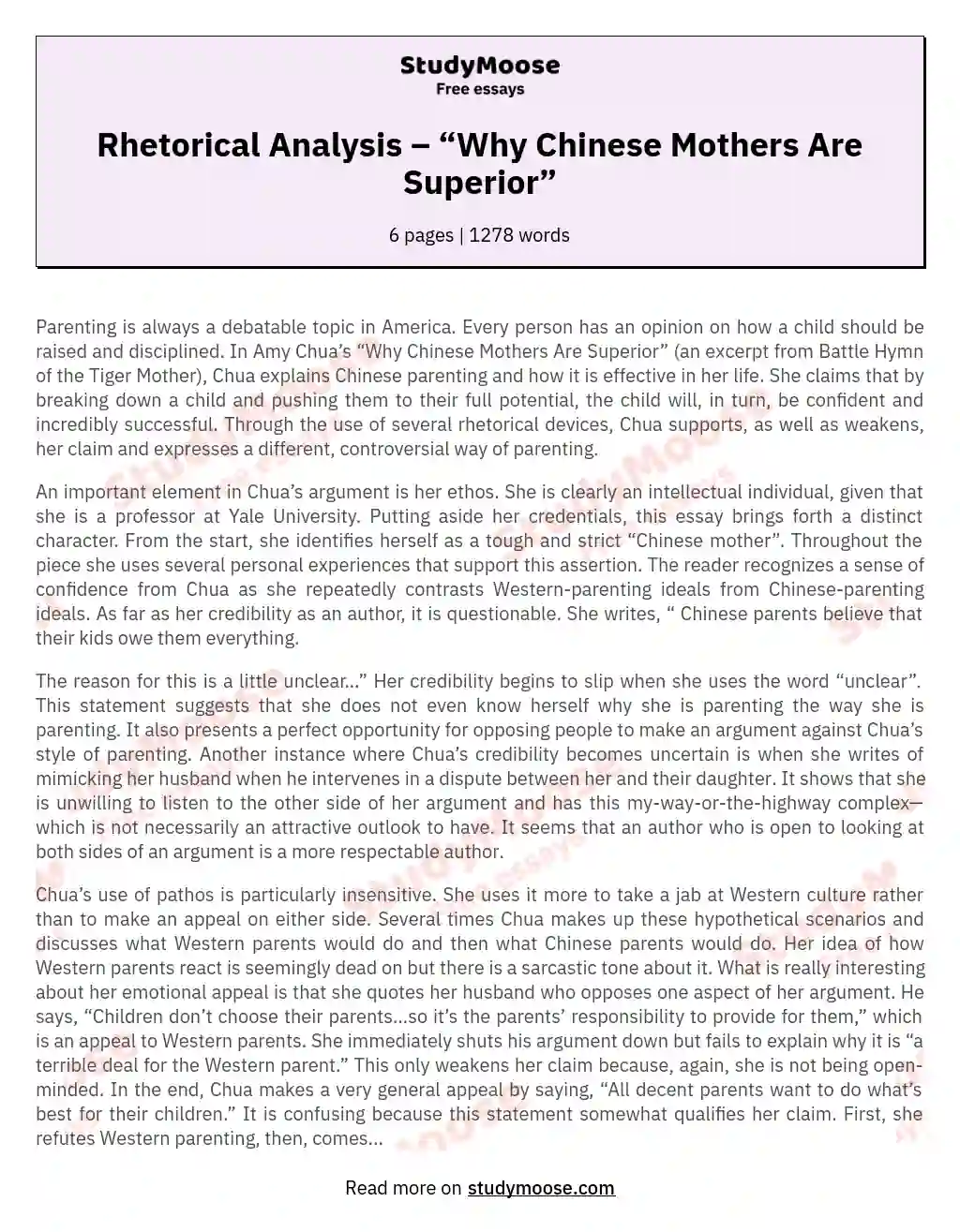 Rhetorical Analysis – “Why Chinese Mothers Are Superior” essay