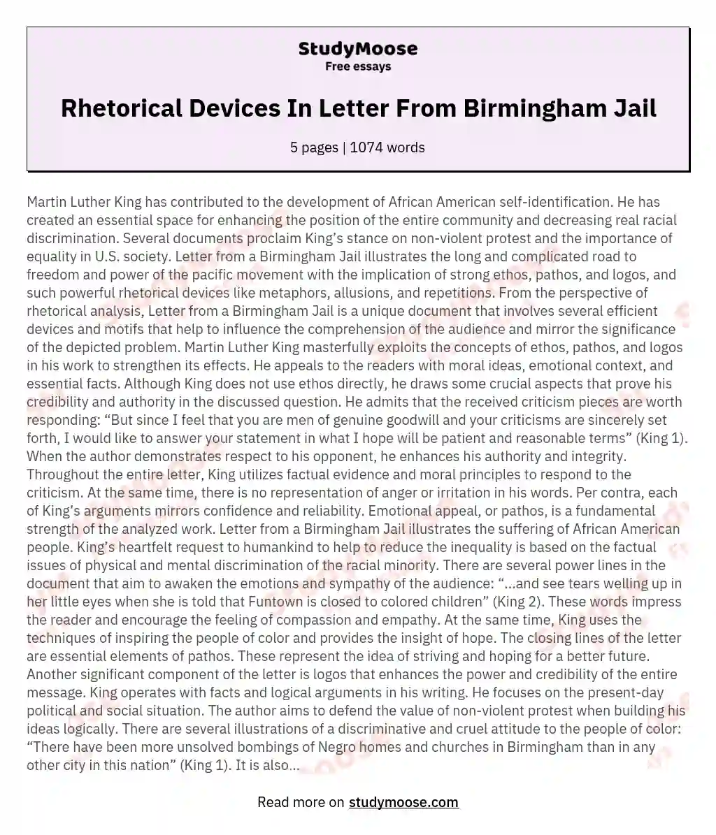 rhetorical analysis of letter from birmingham jail essay