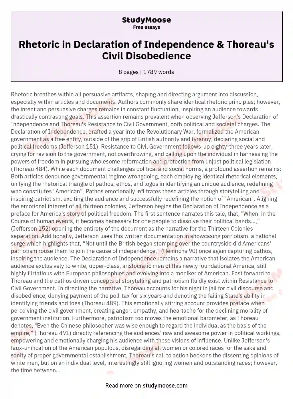 Rhetoric in Declaration of Independence & Thoreau's Civil Disobedience essay
