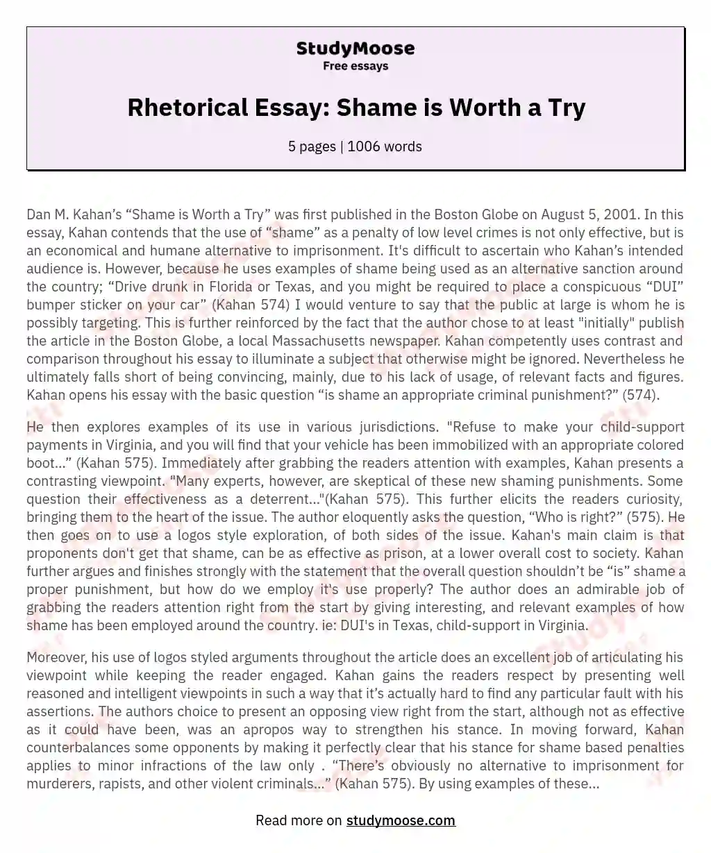 Rhetorical Essay: Shame is Worth a Try