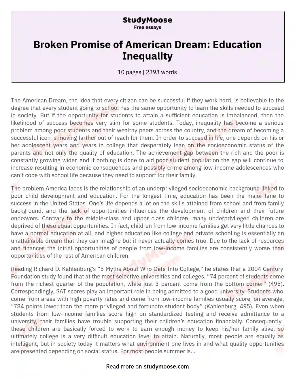 Broken Promise of American Dream: Education Inequality essay