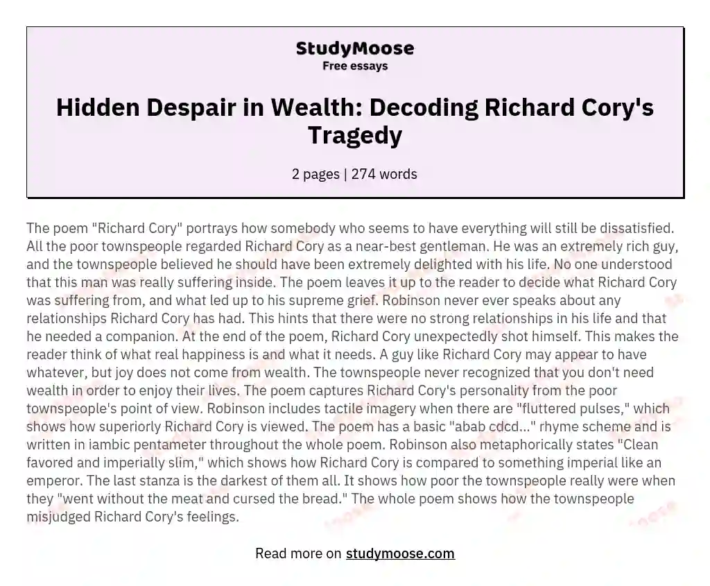 Hidden Despair in Wealth: Decoding Richard Cory's Tragedy essay