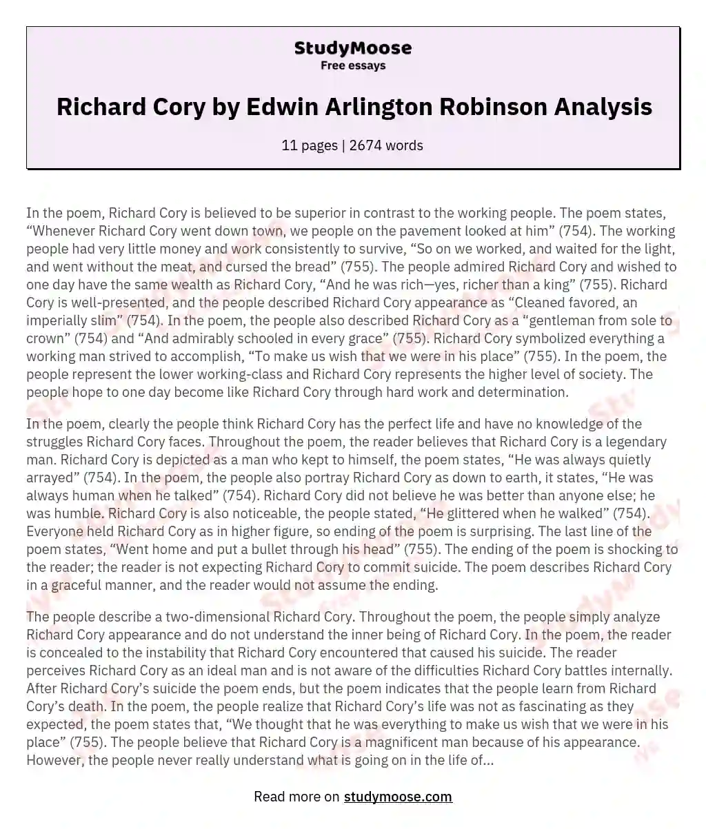 Richard Cory by Edwin Arlington Robinson Analysis
