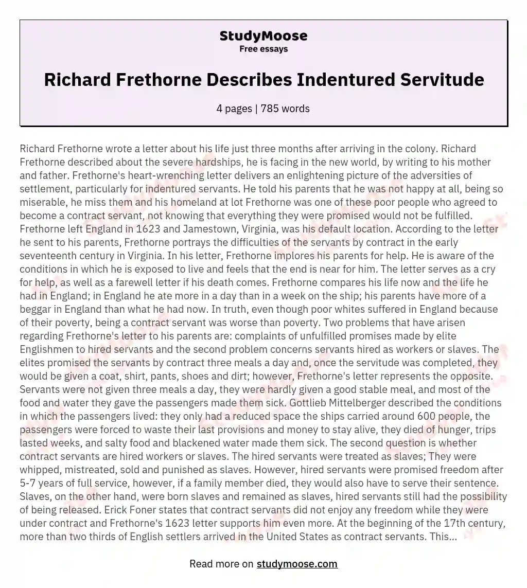 Richard Frethorne Describes Indentured Servitude
