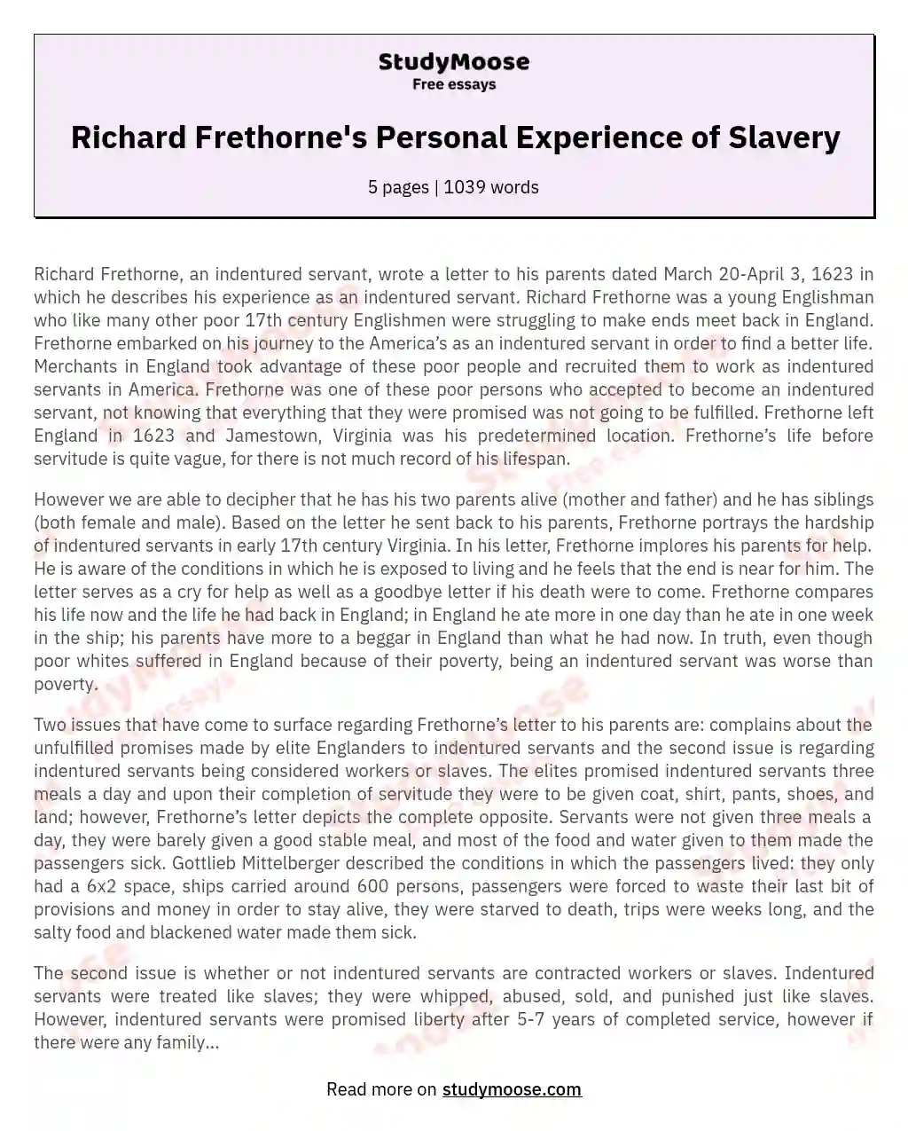 Richard Frethorne's Personal Experience of Slavery