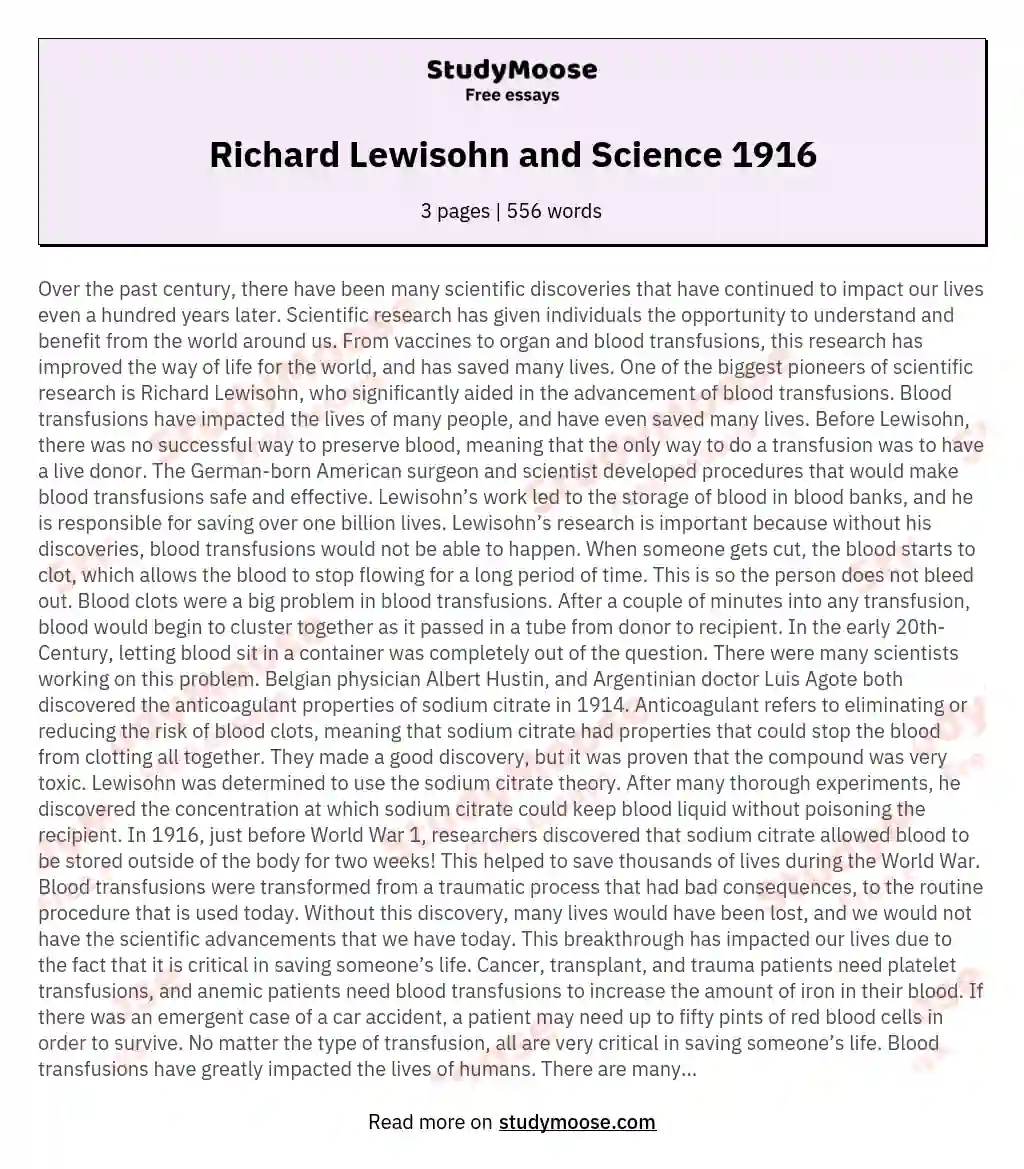 Richard Lewisohn and Science 1916 essay