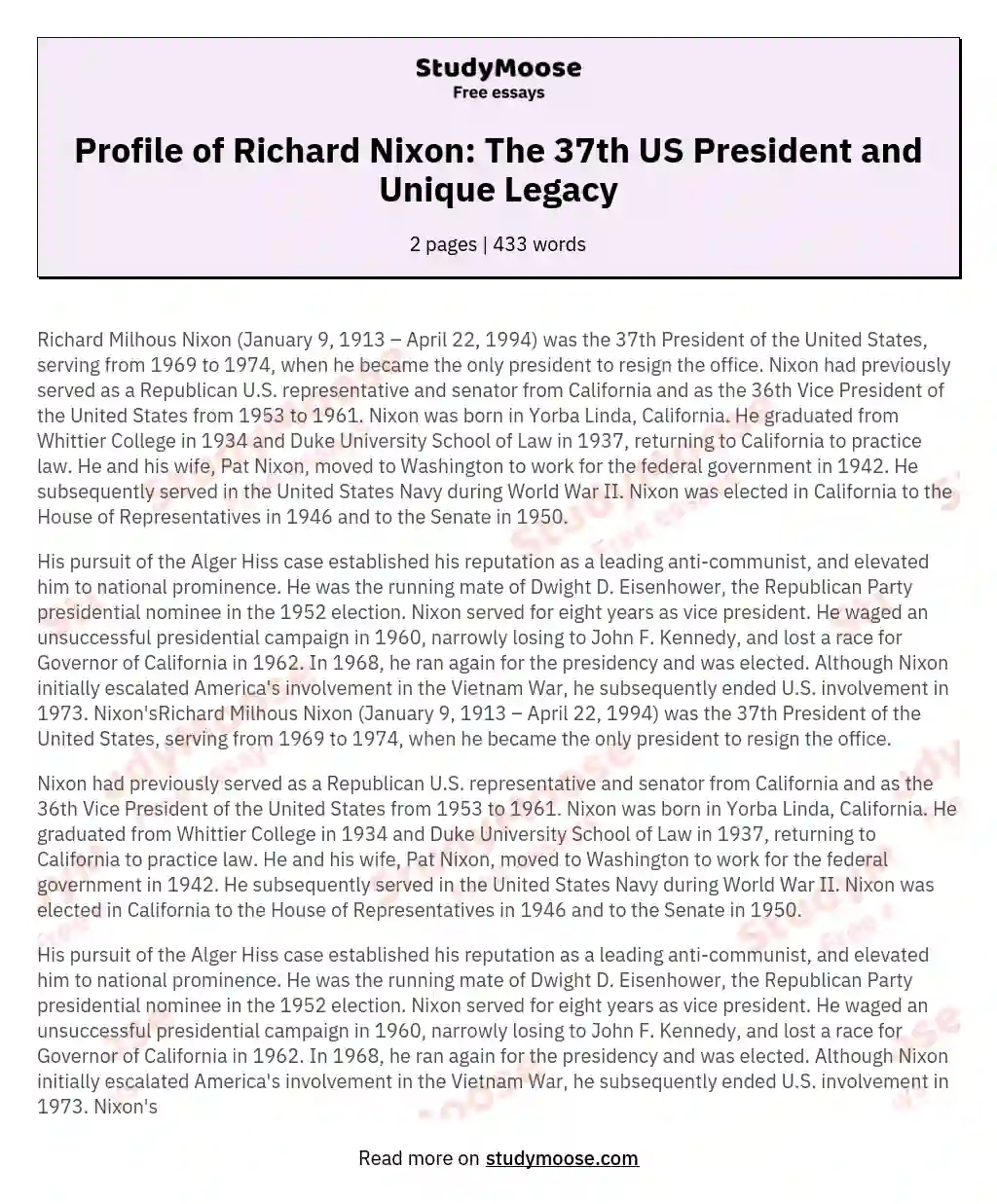 Profile of Richard Nixon: The 37th US President and Unique Legacy essay