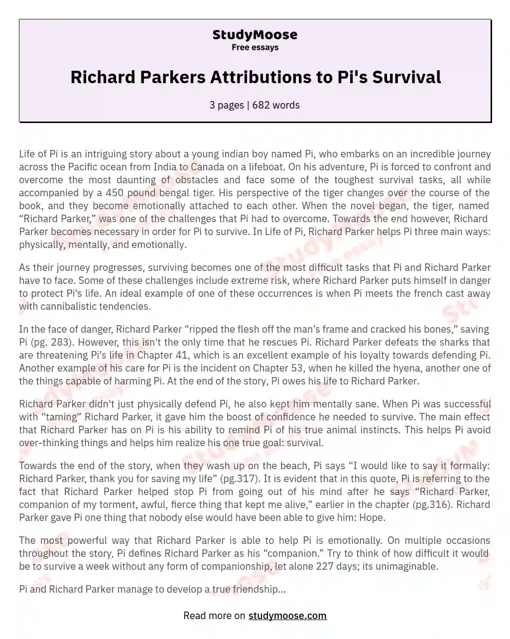 Richard Parkers Attributions to Pi's Survival essay