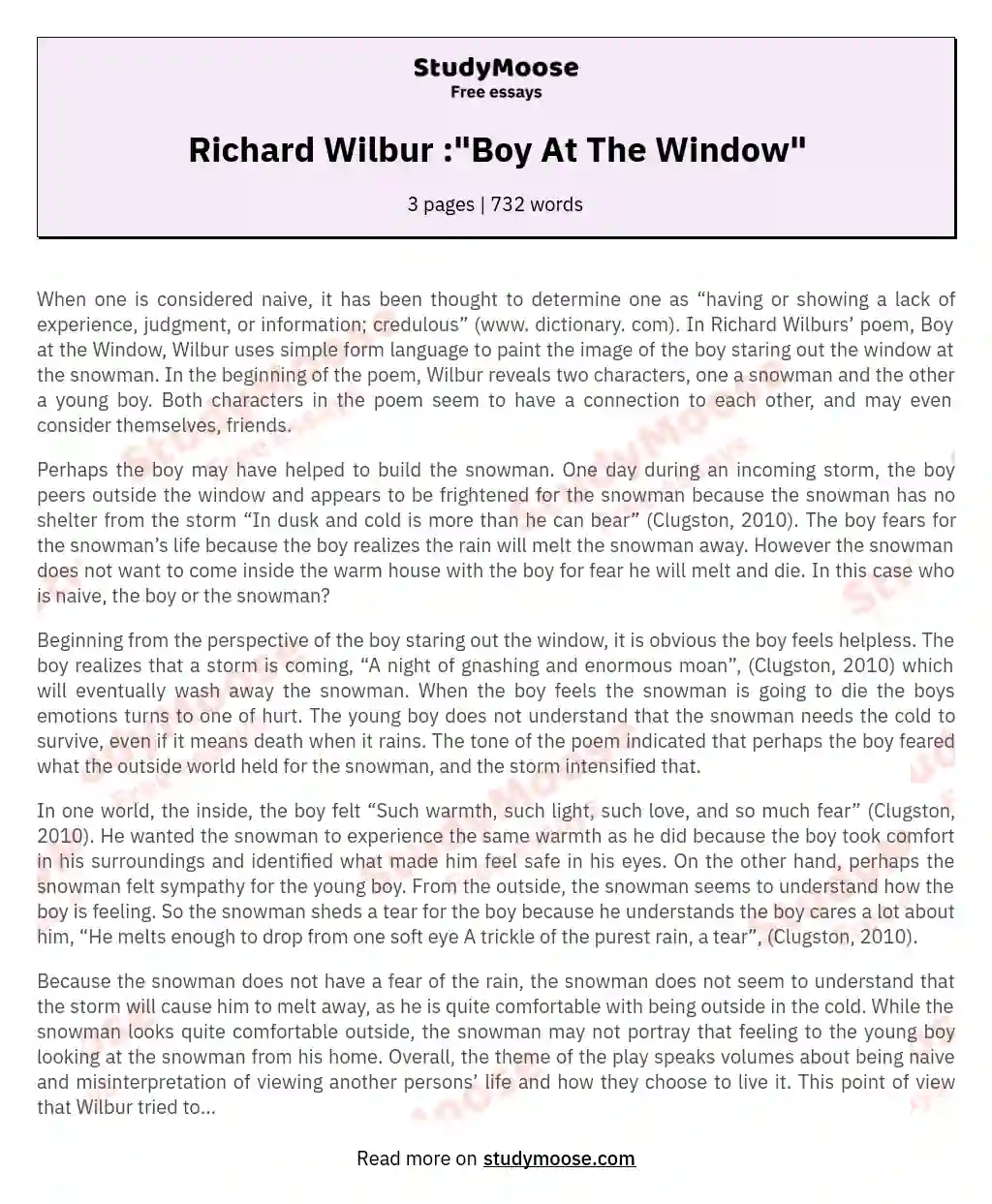 Richard Wilbur :"Boy At The Window" essay