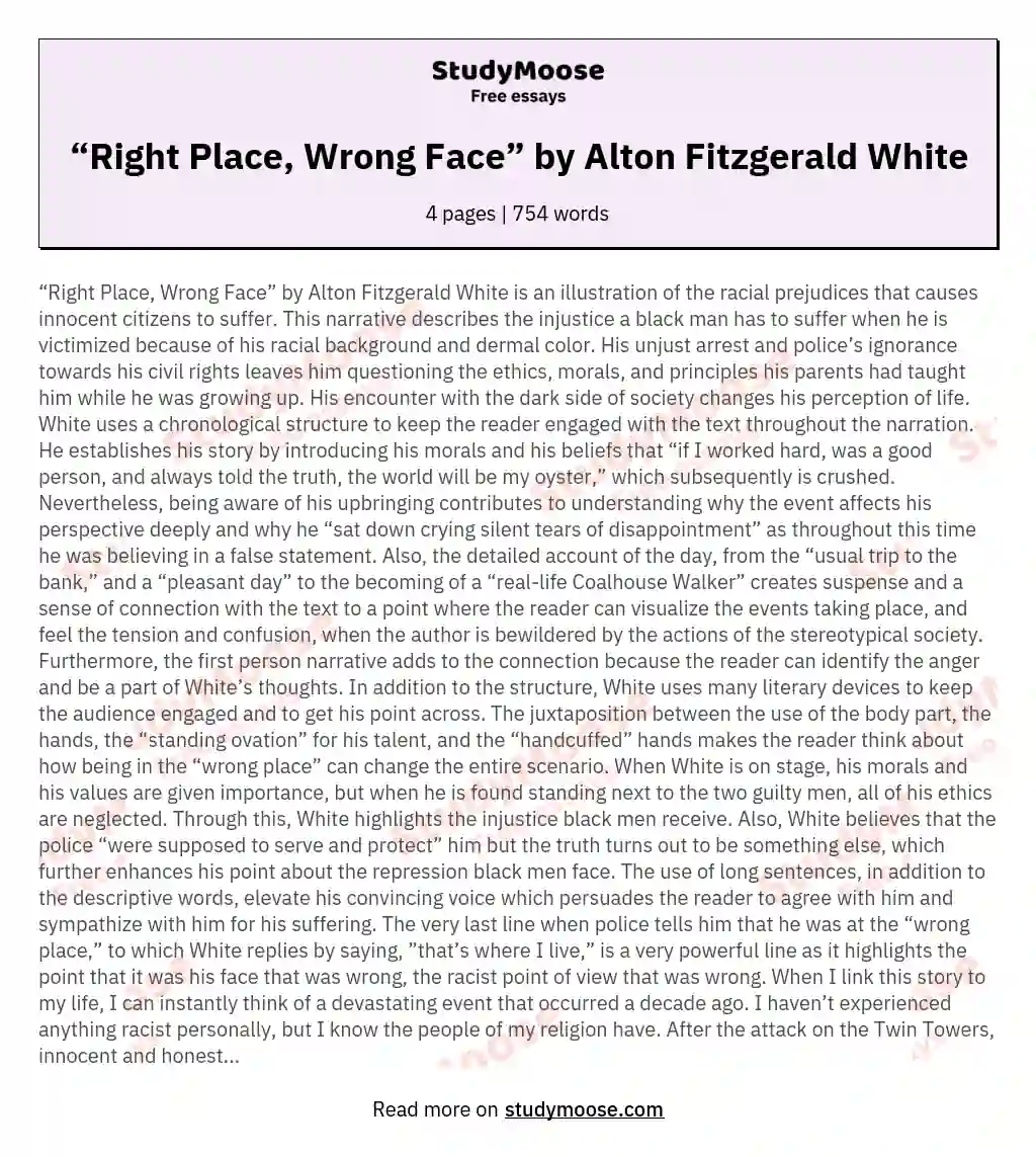 “Right Place, Wrong Face” by Alton Fitzgerald White essay