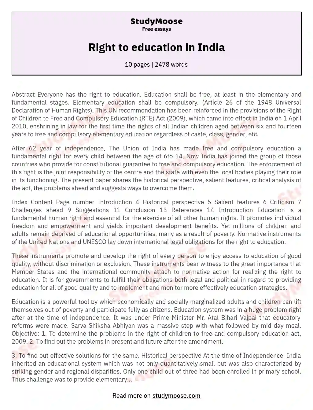 Right to education in India essay