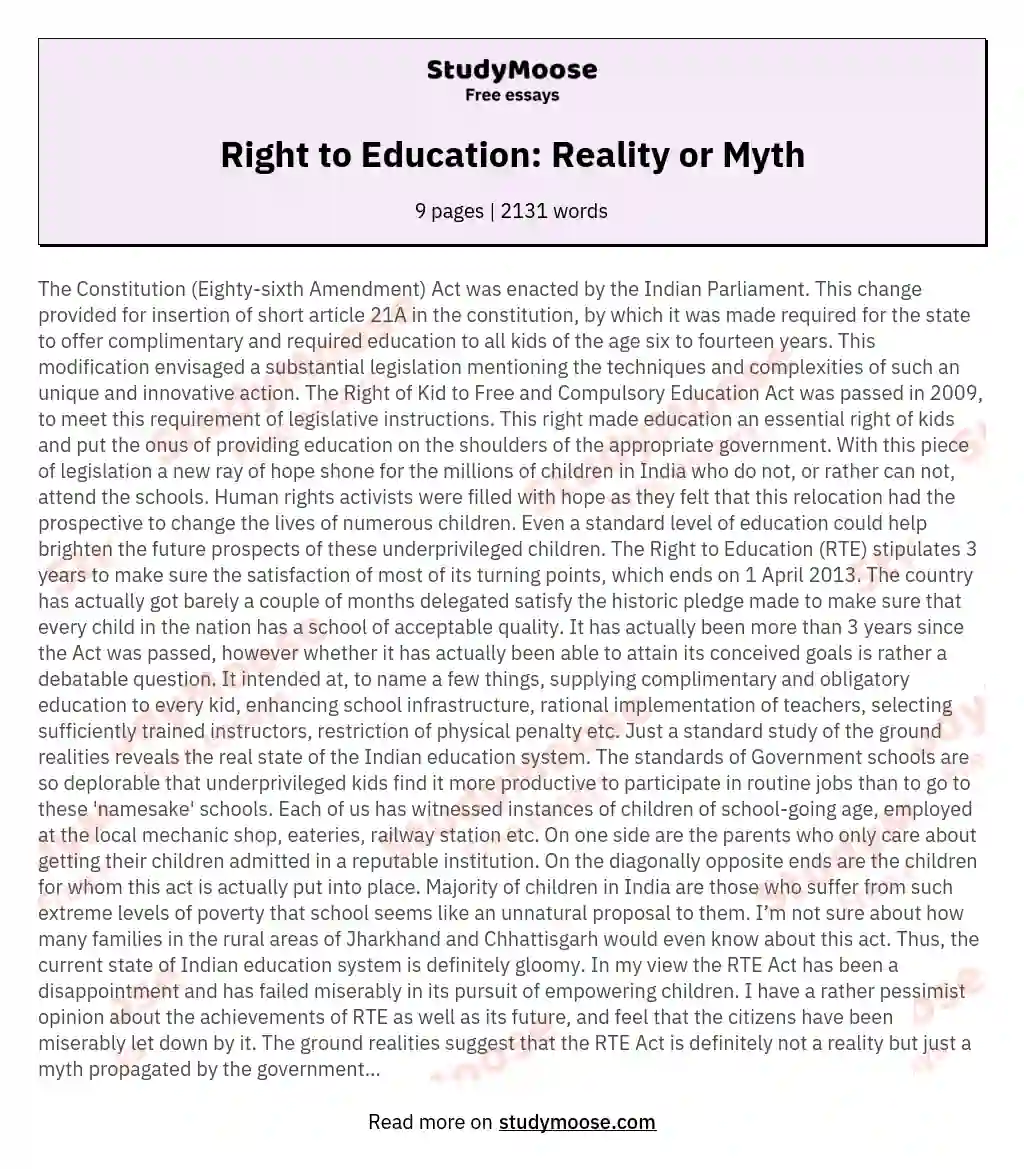 Right to Education: Reality or Myth essay