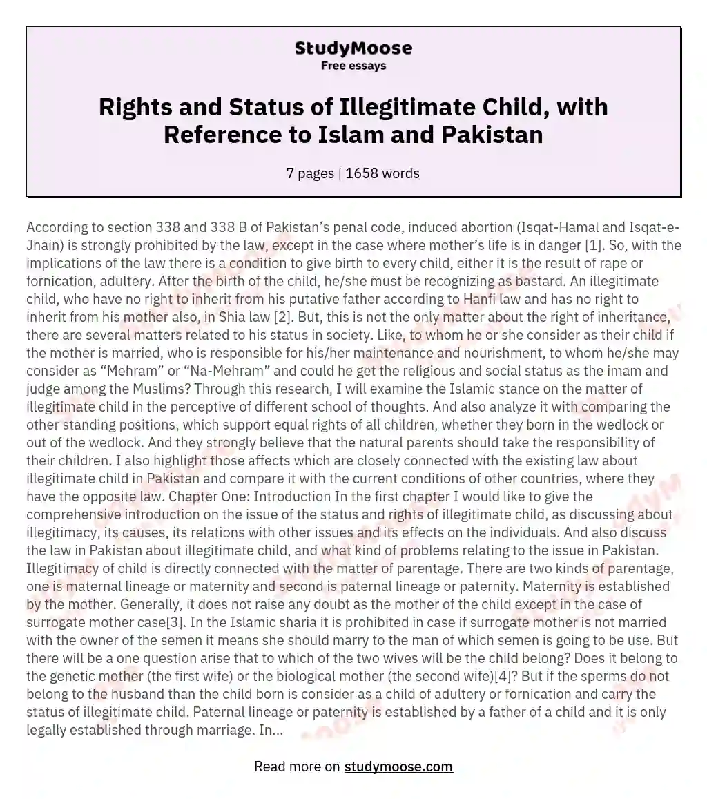 Rights and Status of Illegitimate Child, with Reference to Islam and Pakistan