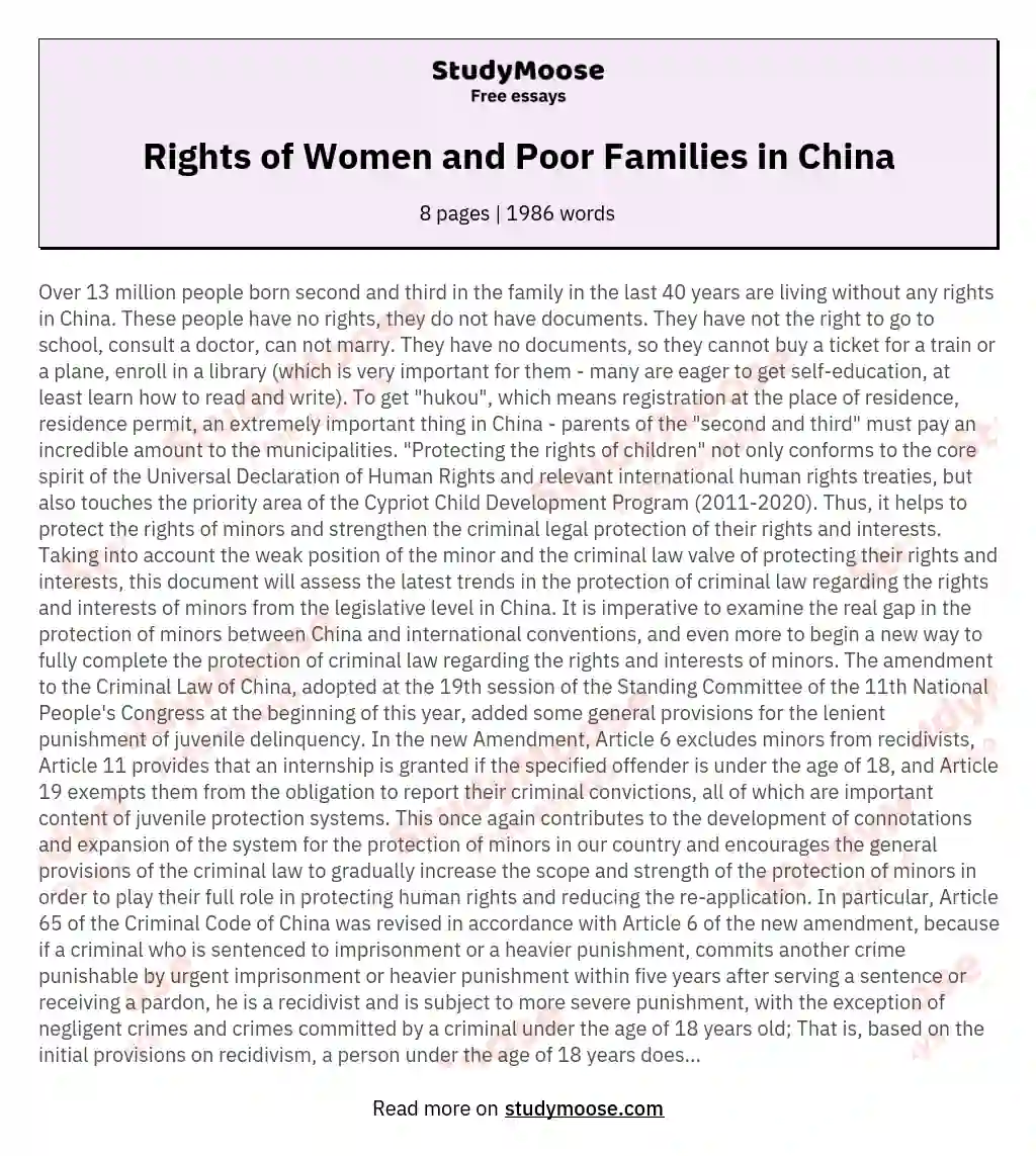 Rights of Women and Poor Families in China essay